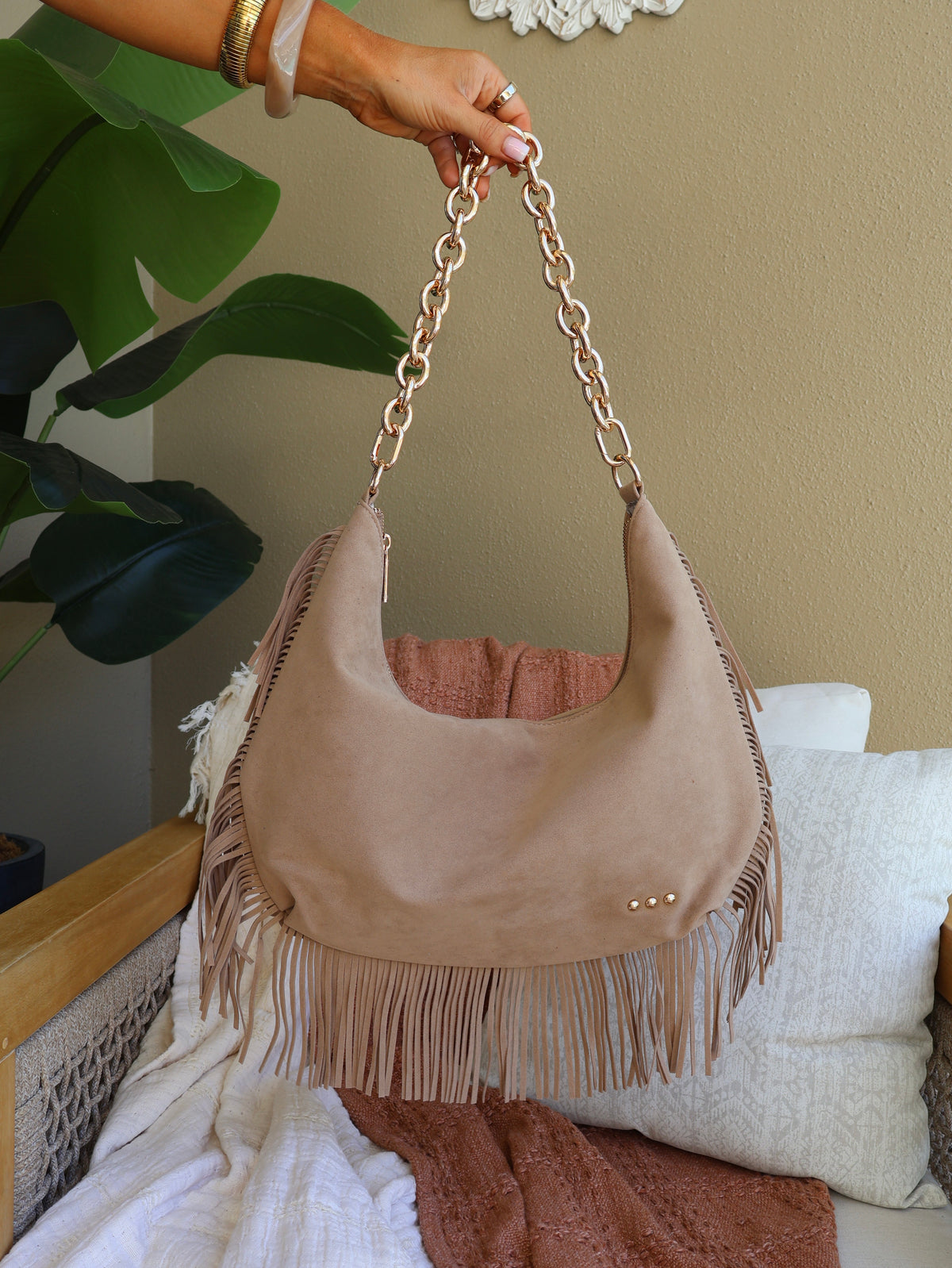 Maple Grove Fringe Slouchy Bag Taupe
