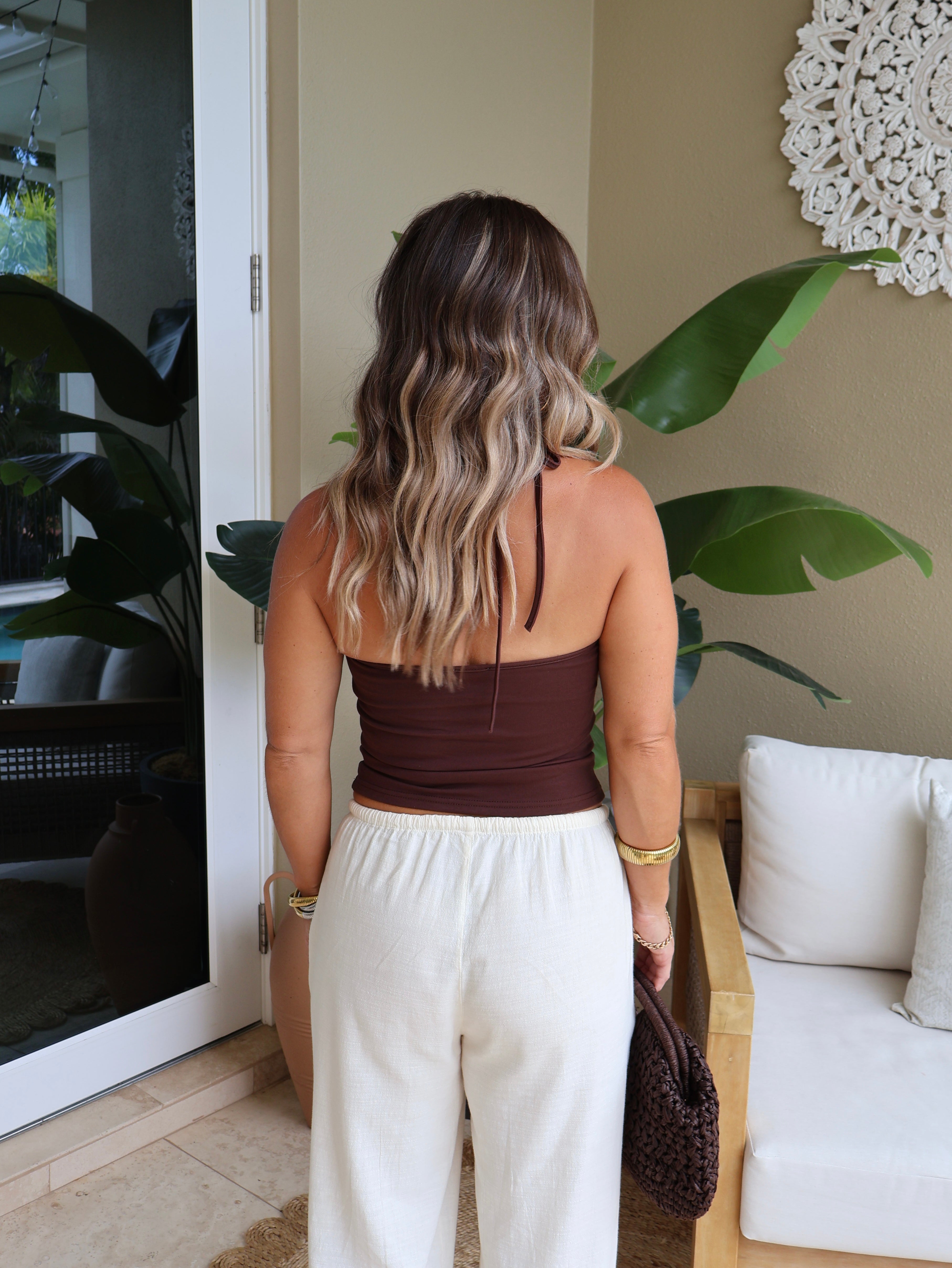 Kaia Beaded Halter Tank Espresso