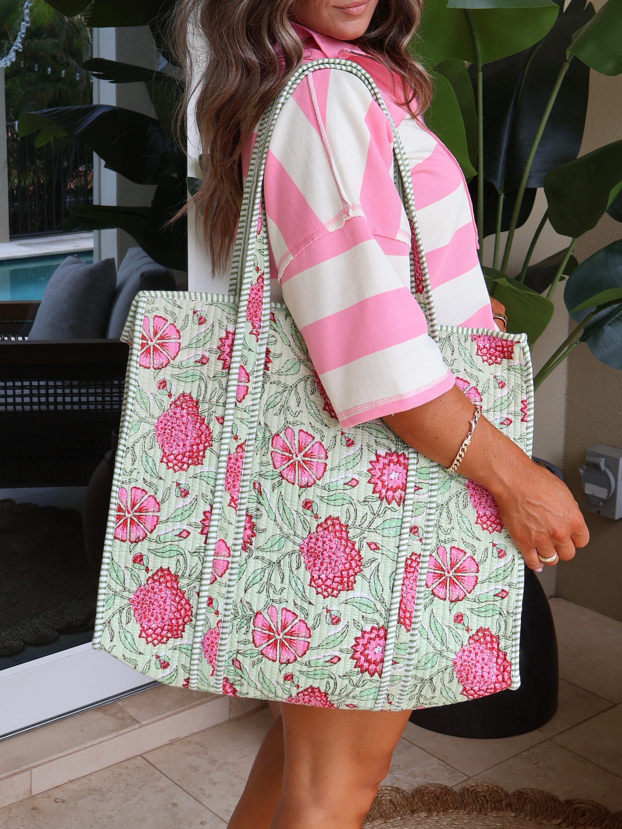Flower Child Boho Quilted Tote Mint Multi