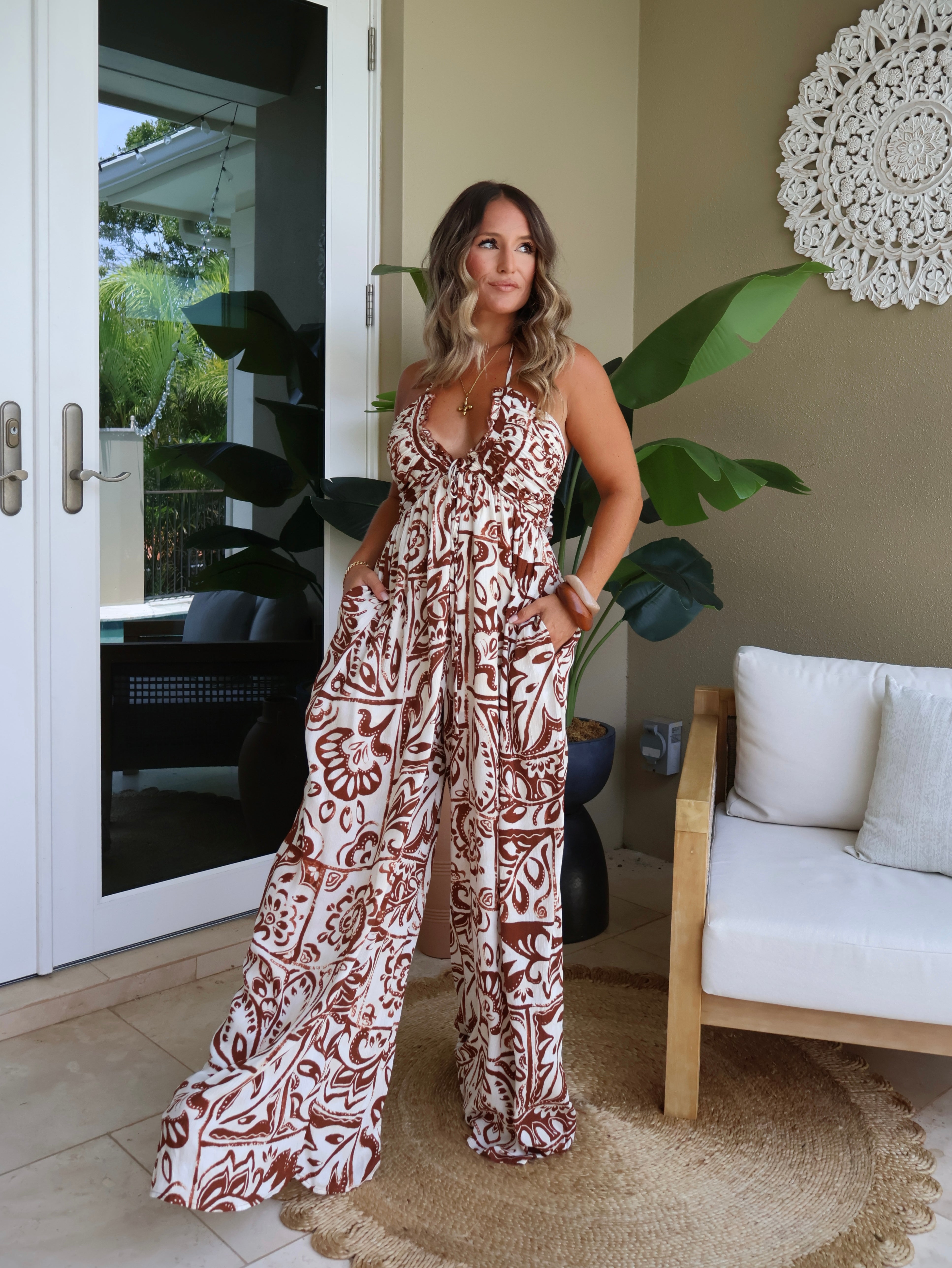 Sonora Halter Jumpsuit Cream/Chocolate