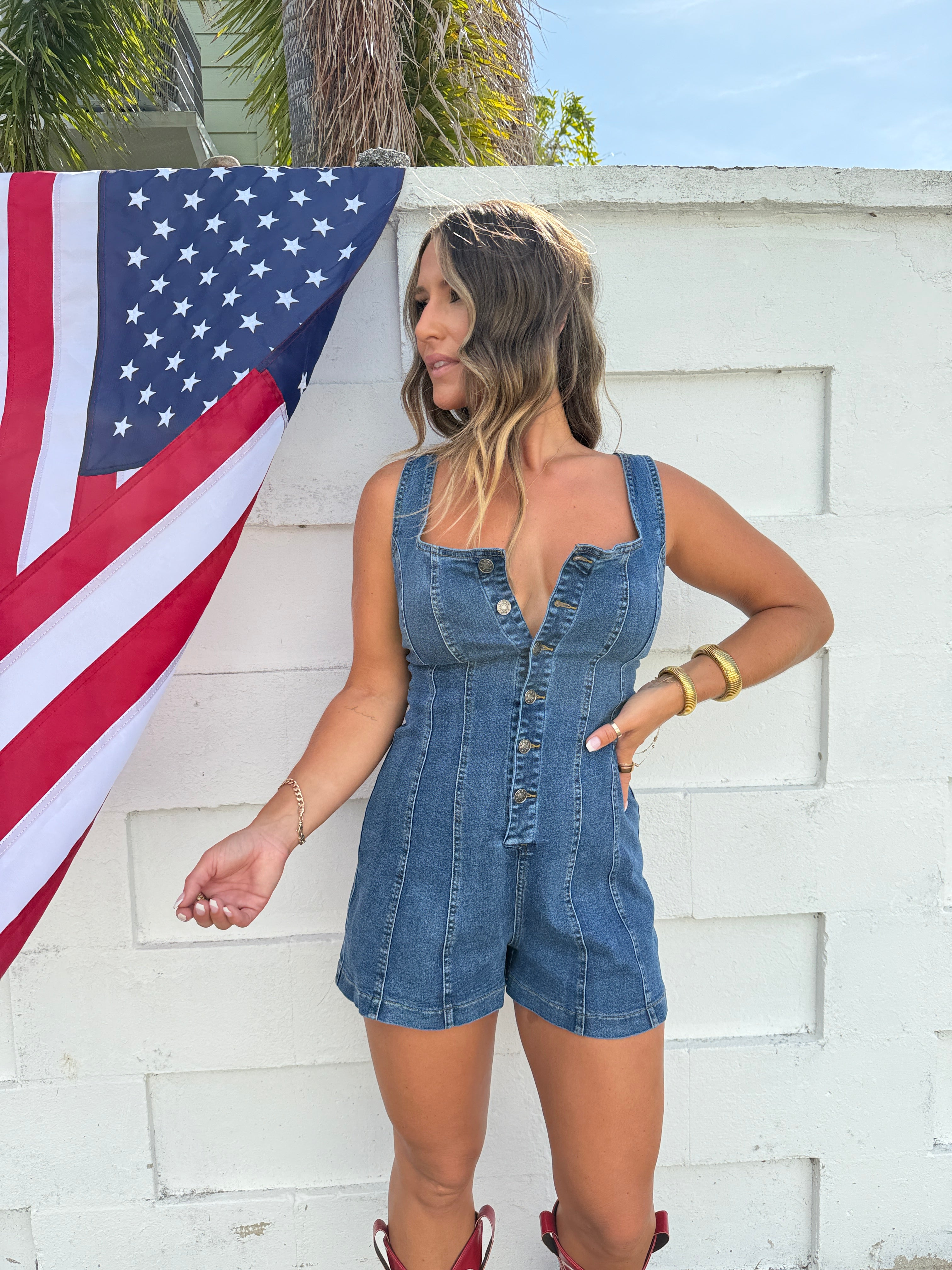 Dolly Front Button Denim Romper