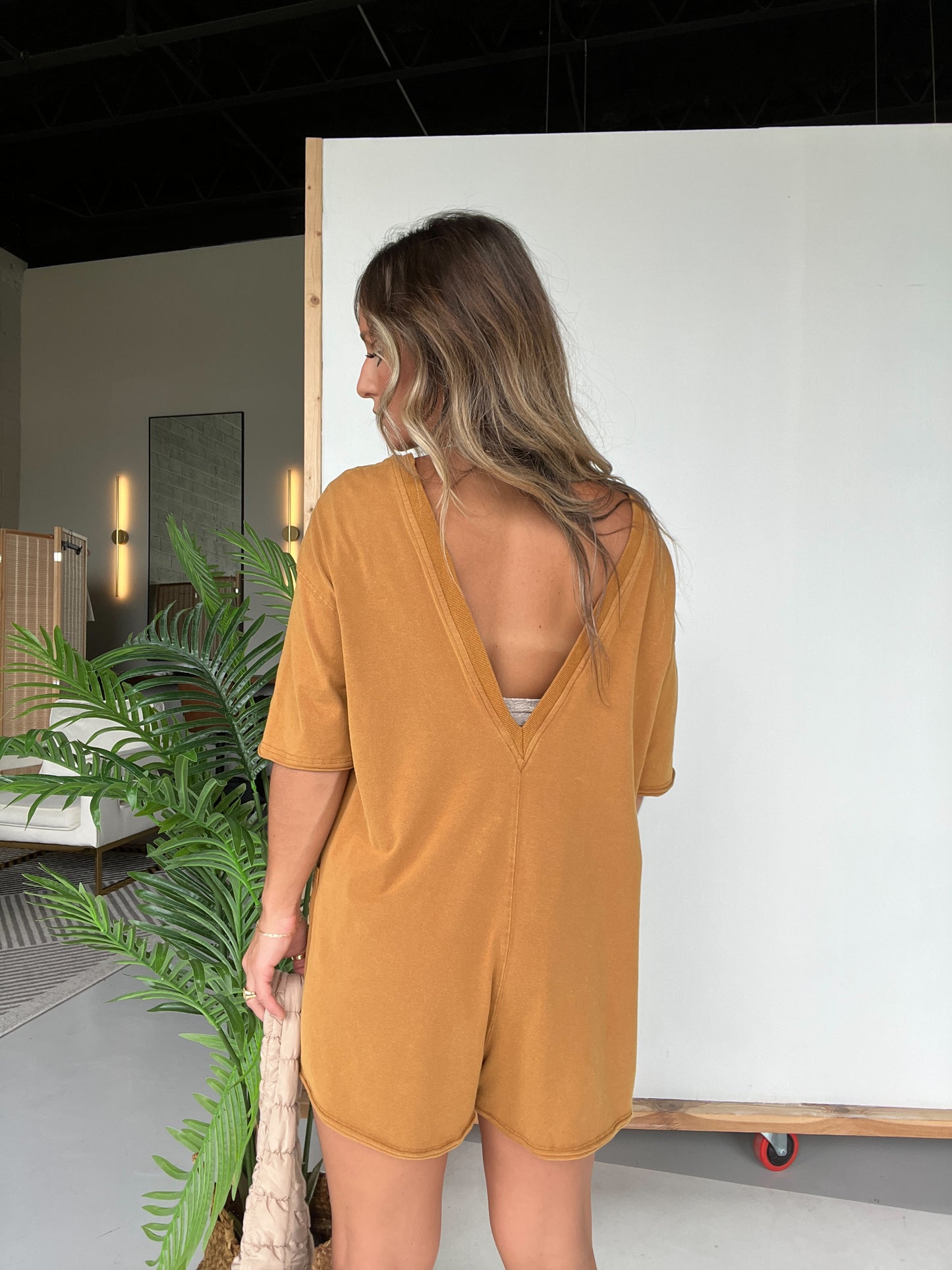 Reversible Kelcie Washed Tee Romper Camel