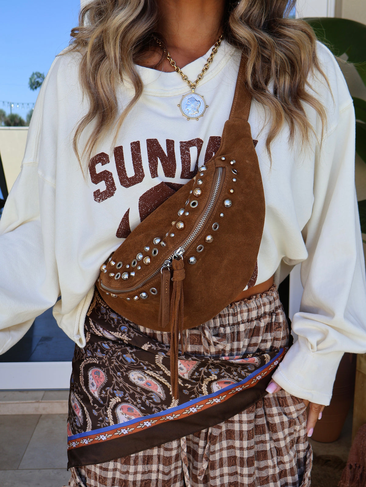 Sable Suede Studded Belt Bag Cognac