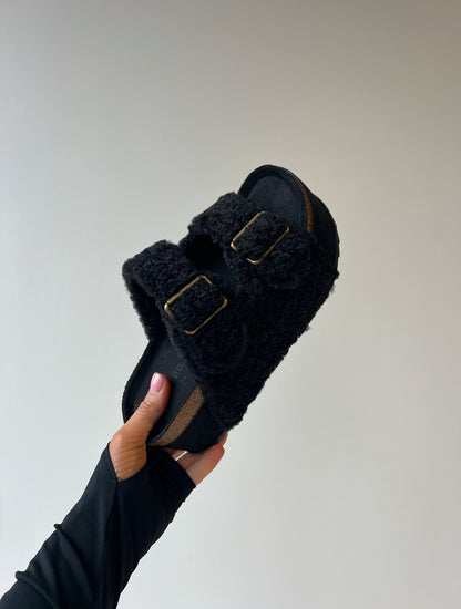 Blowout Stacked Double Strap Slides Black Fur