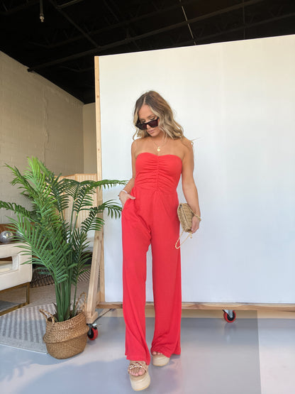 Cherry Fields Strapless Textured Jumpsuit