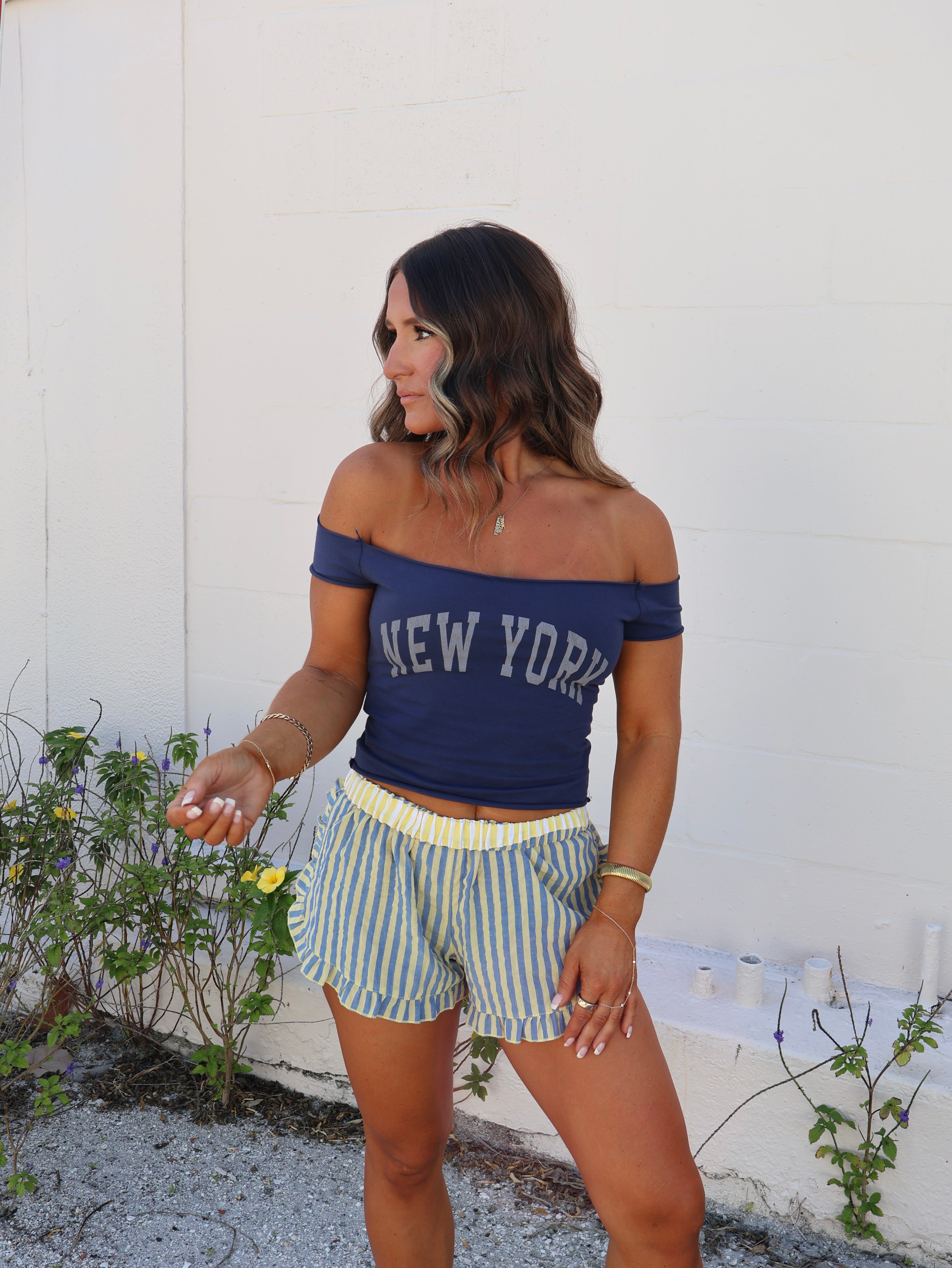 NY NY Off Shoulder Baby Tee Navy