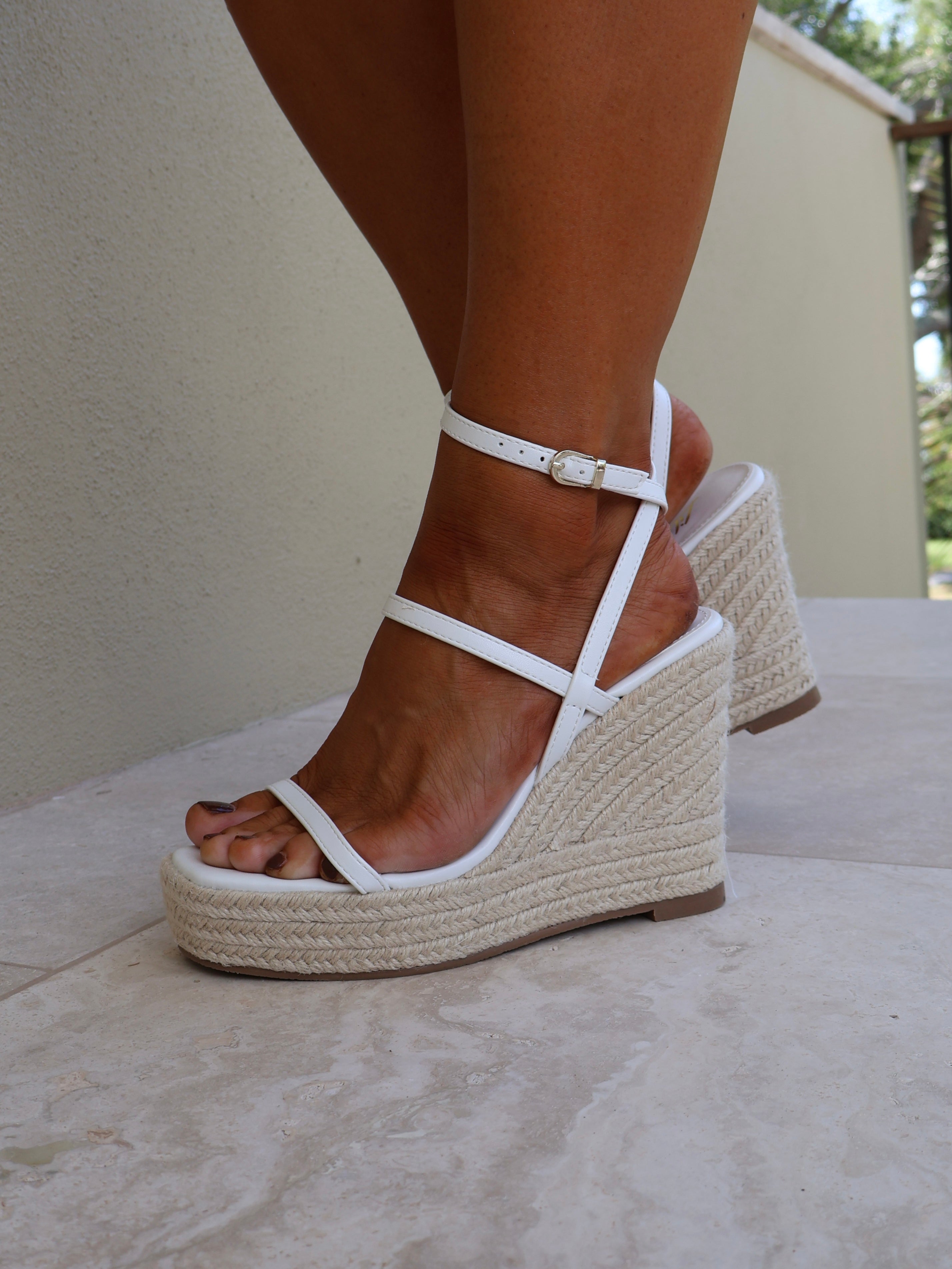 Leah Espadrille Strappy Wedges White