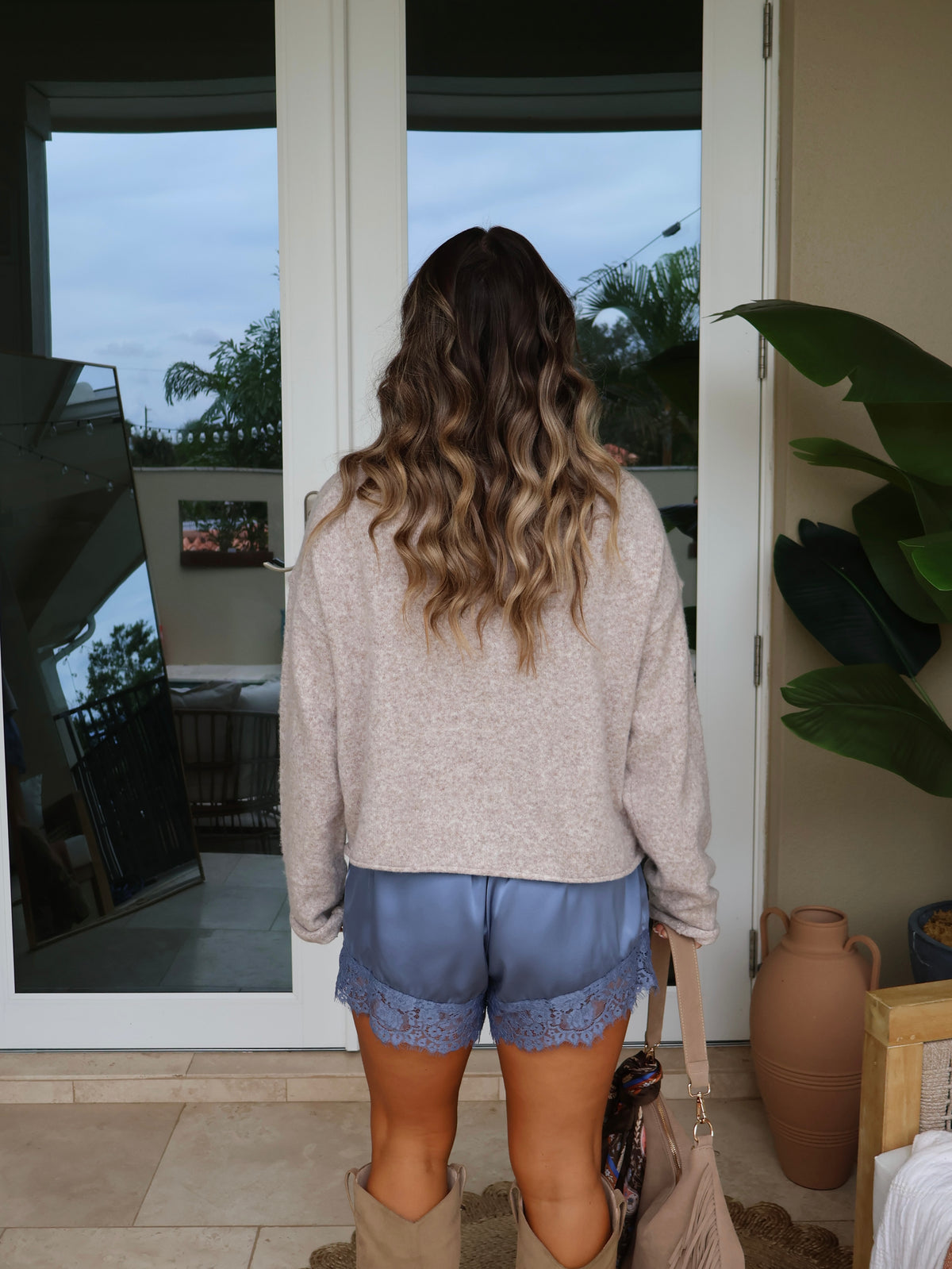 Satin Dreams Lace Shorts Dusty Blue