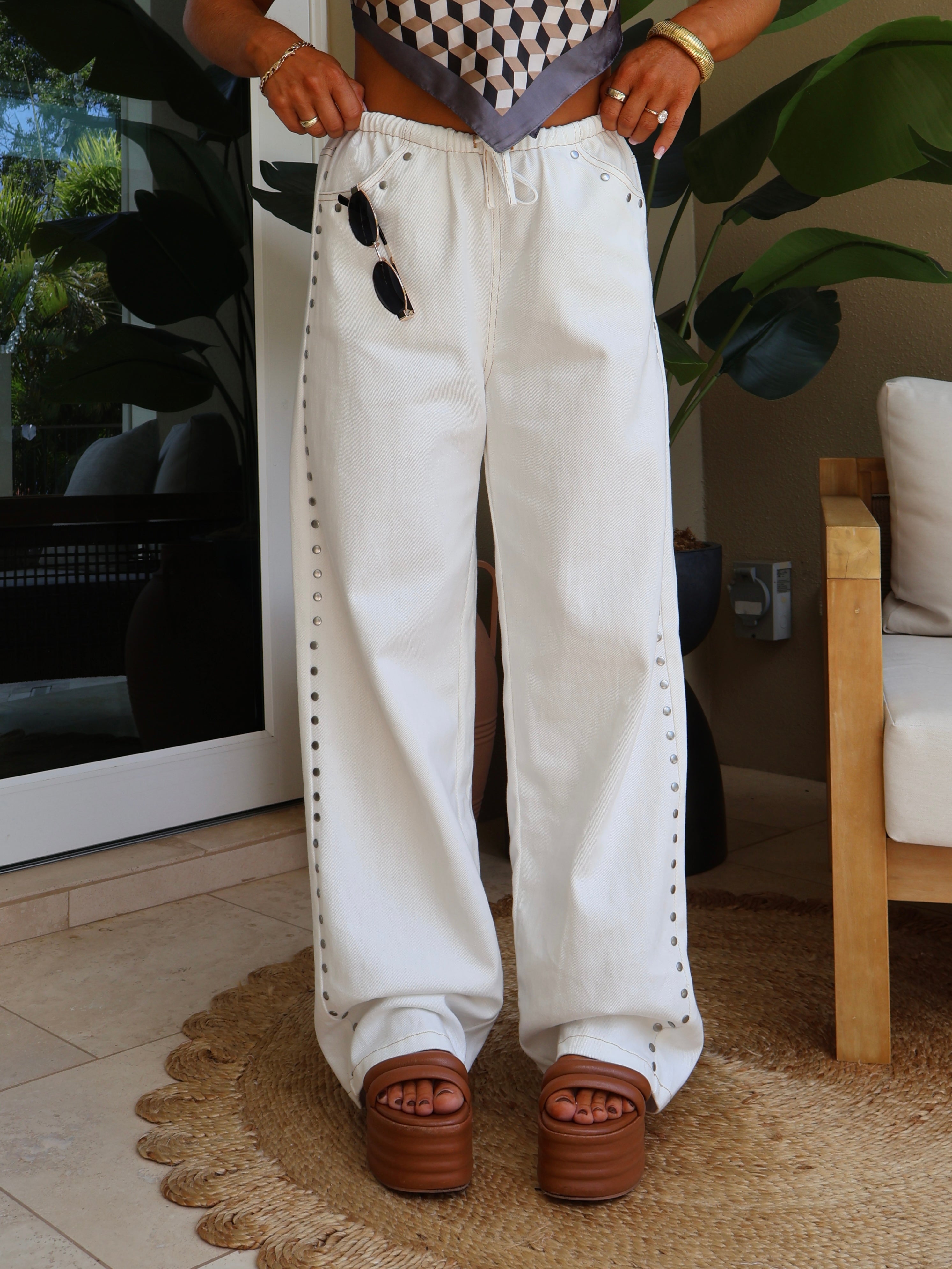 Lennon Studded Denim Pants White