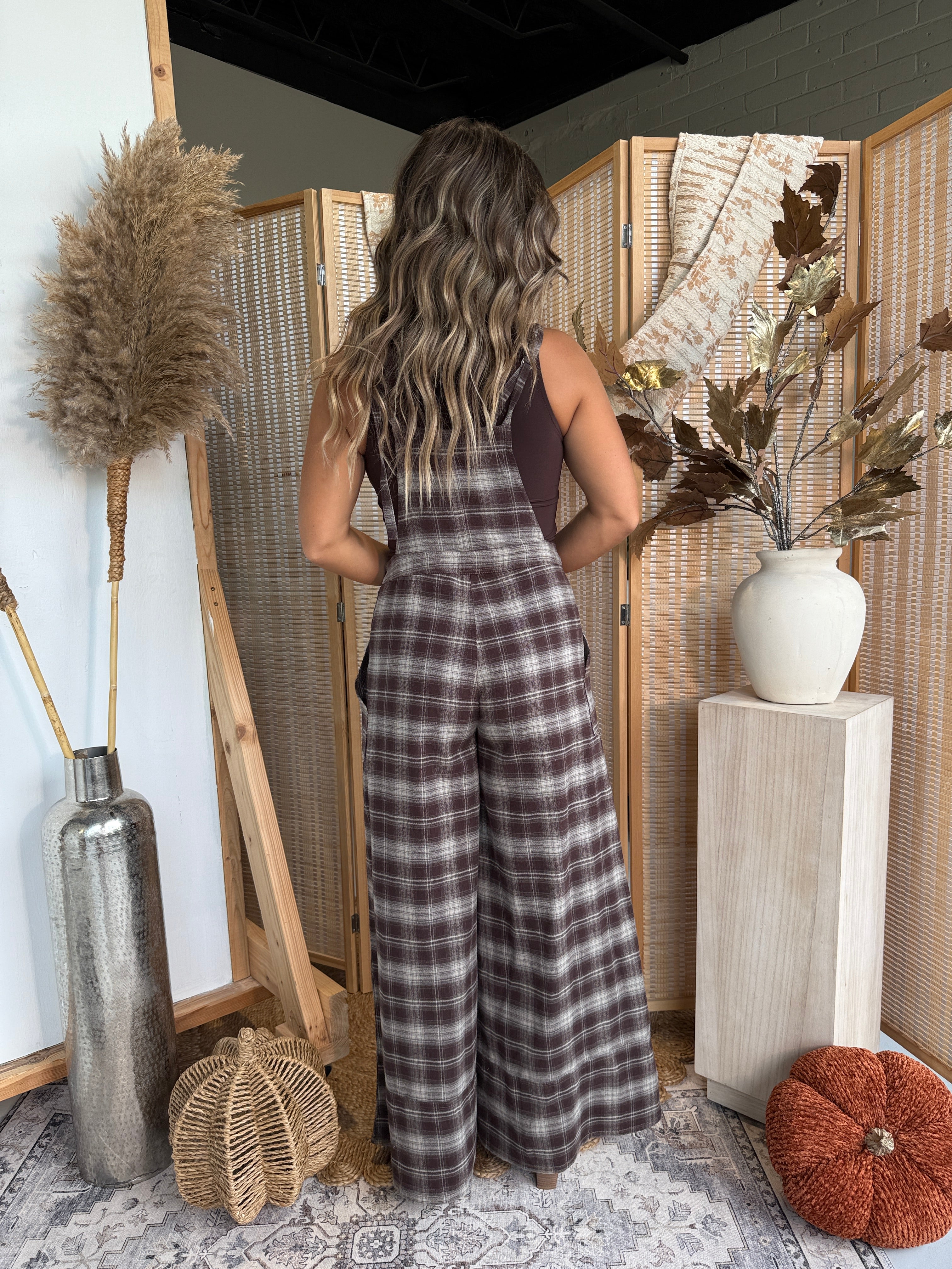 Pumpkin Pickin' Plaid Overalls Chocolate