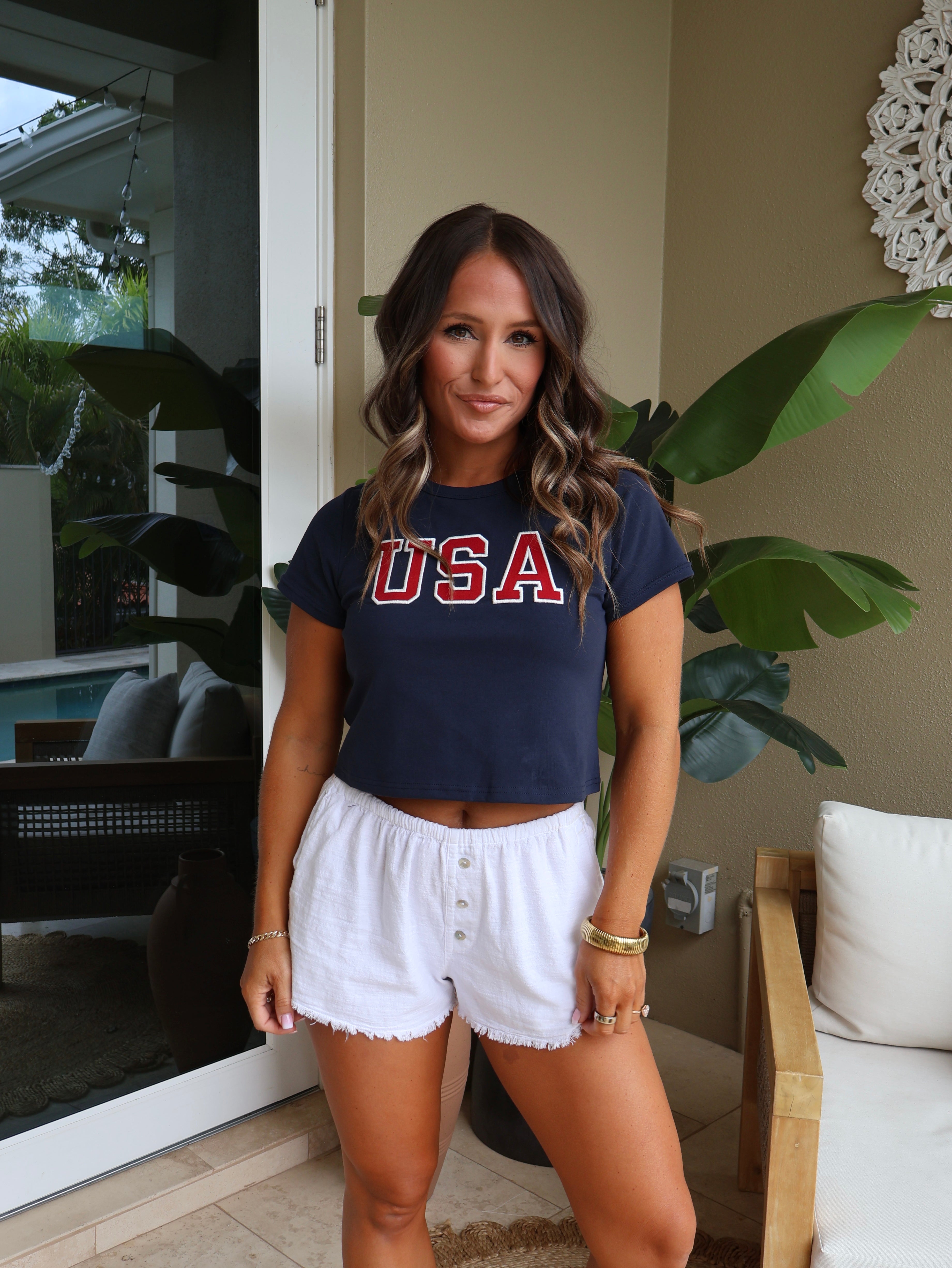 USA Embroidered Baby Tee Navy/Red
