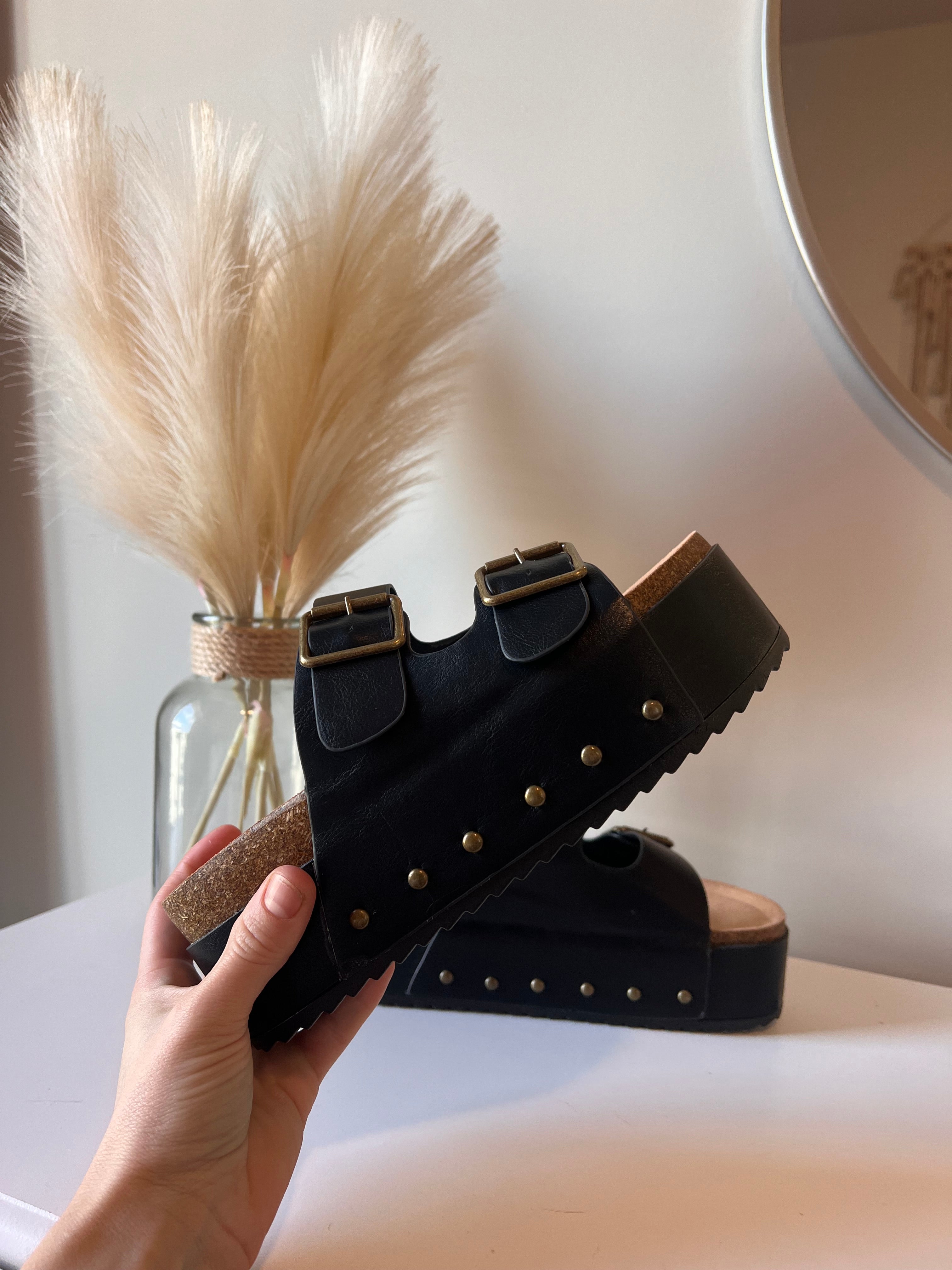 Blowout Stacked Double Strap Slides Black Pu