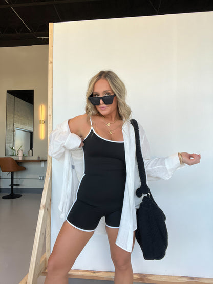 On The Go Piped Romper Black