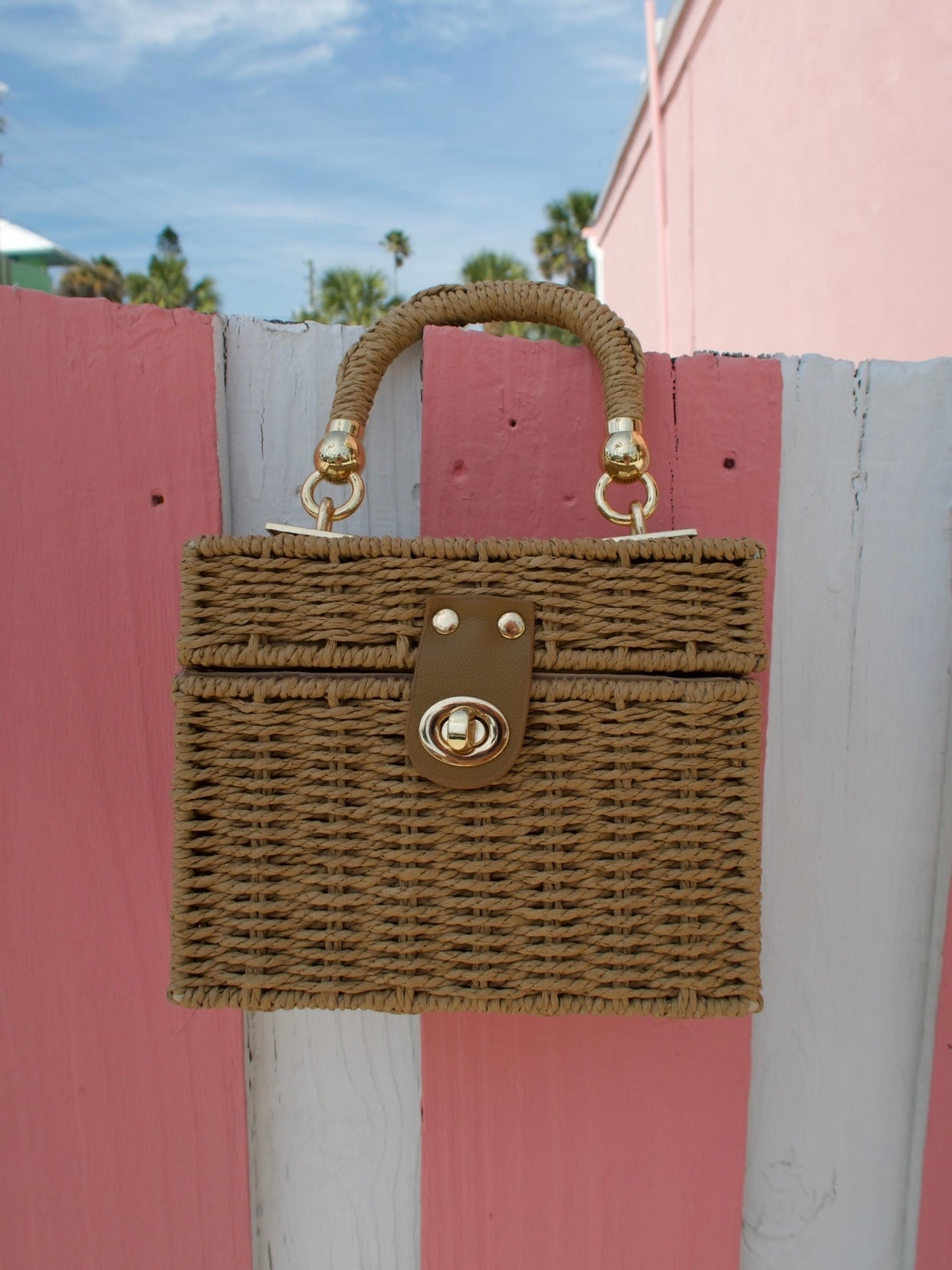 Tropic Top Handle Raffia Box Bag Natural