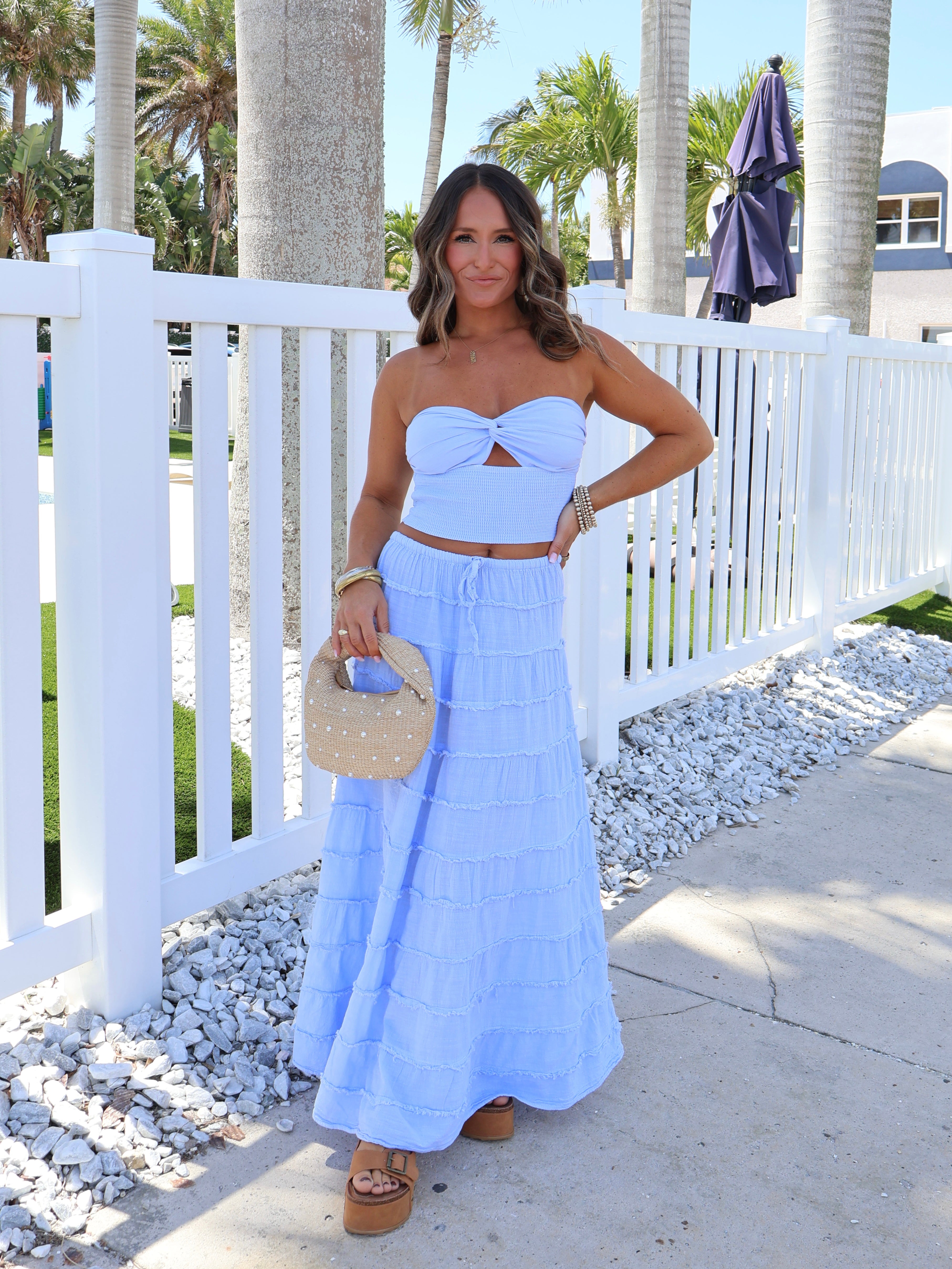 Palm Crush Maxi Skirt Baby Blue