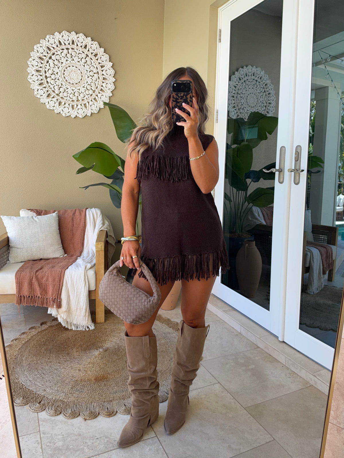 Cedar Fringe Sweater Top Mocha