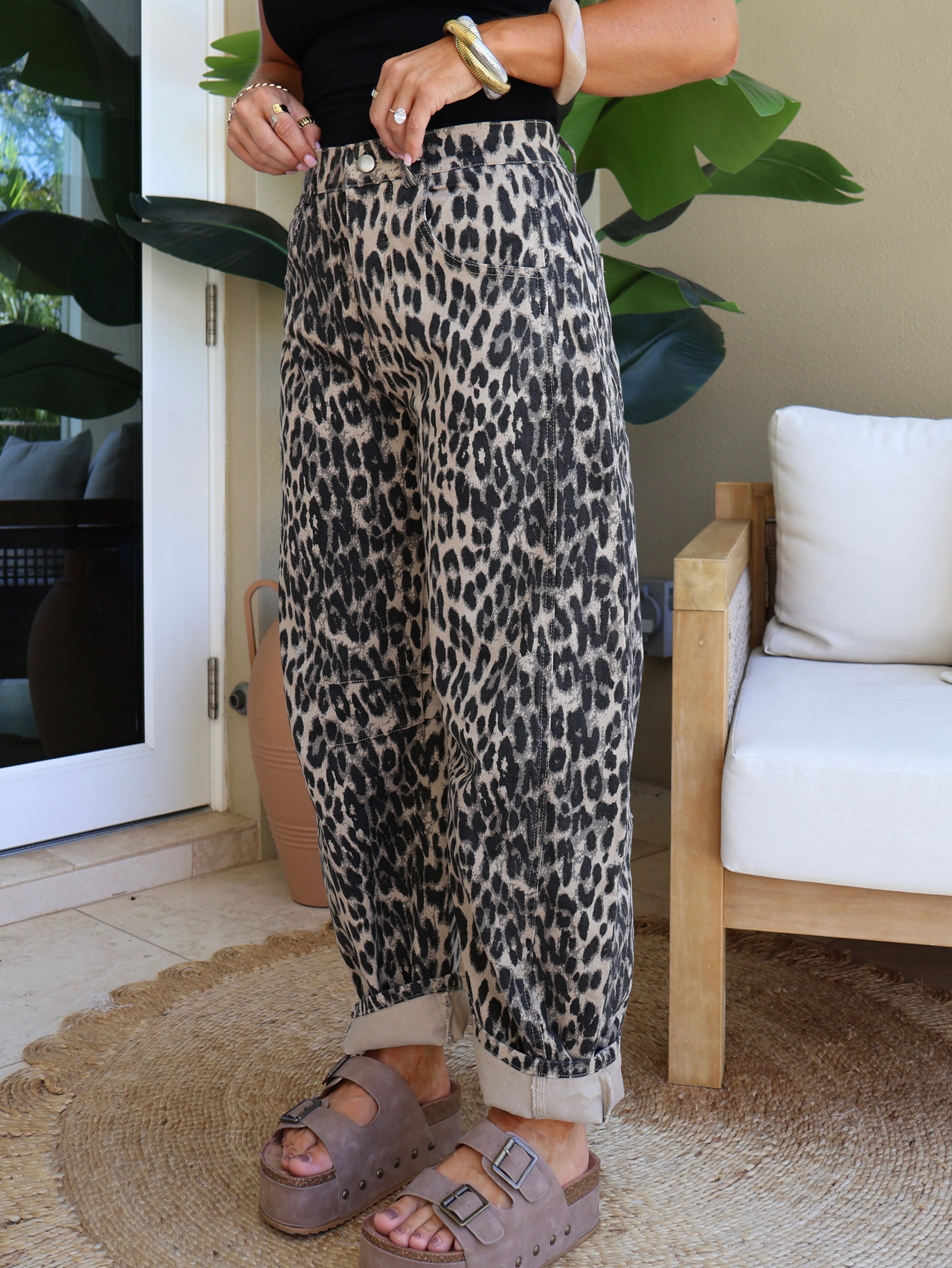 Gracie Barrel Washed Denim Jeans Leopard
