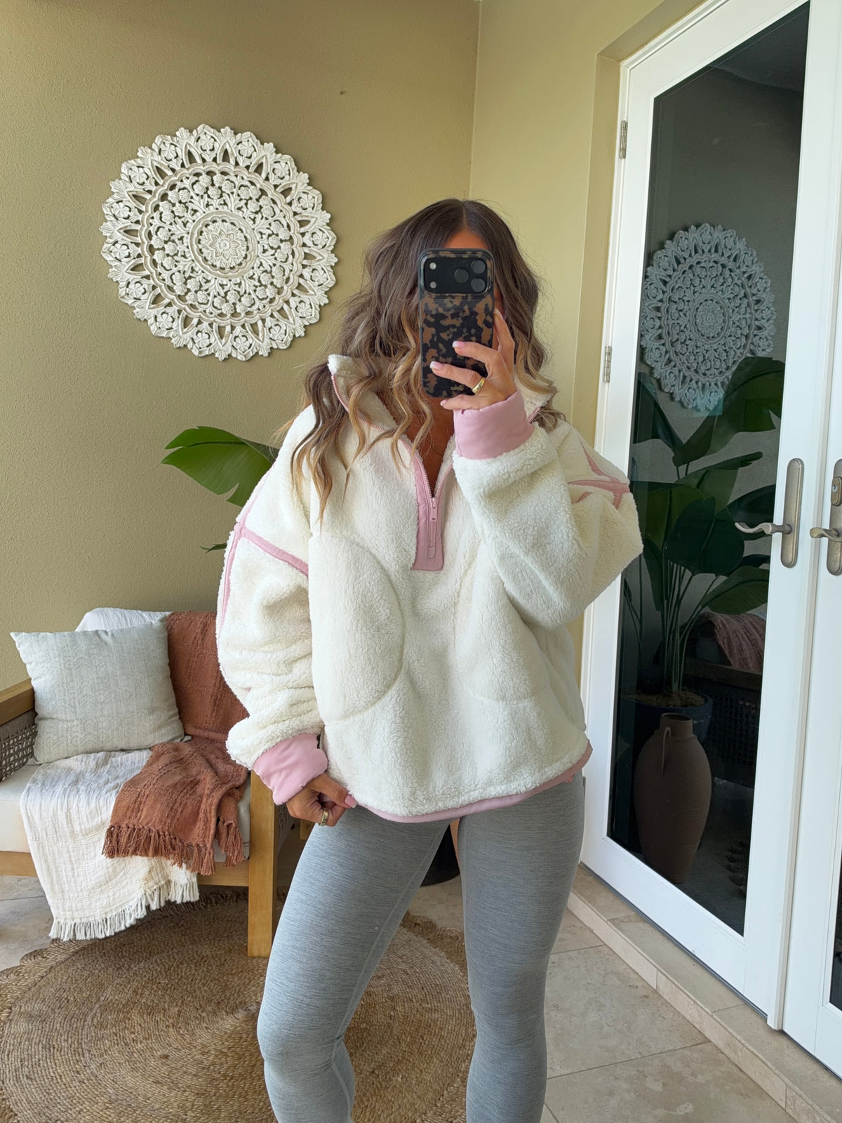 Cozy Season Sherpa Zip-Up Ivory/Pink