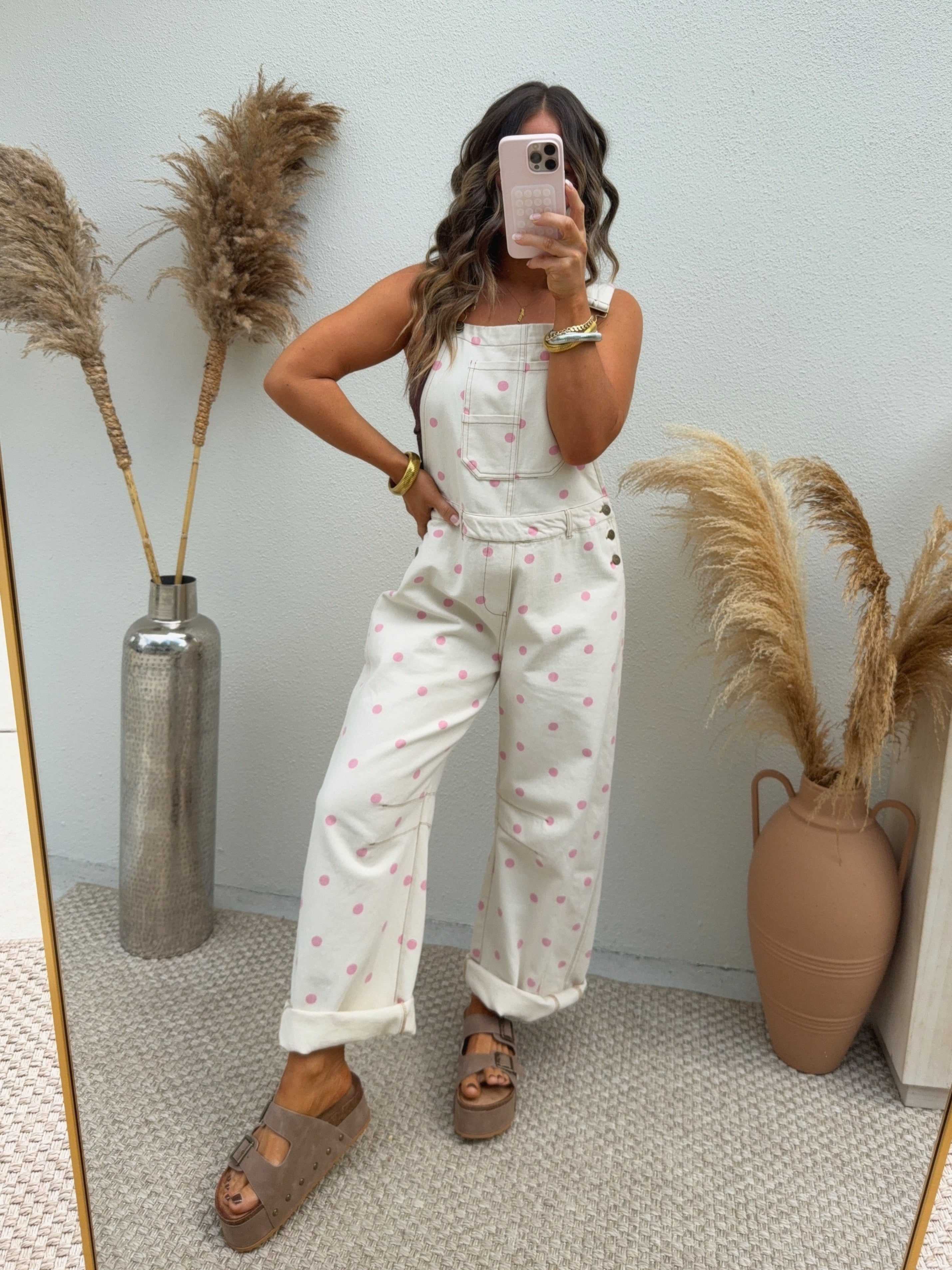 Peekaboo Polka Dot Barrel Overalls Cream