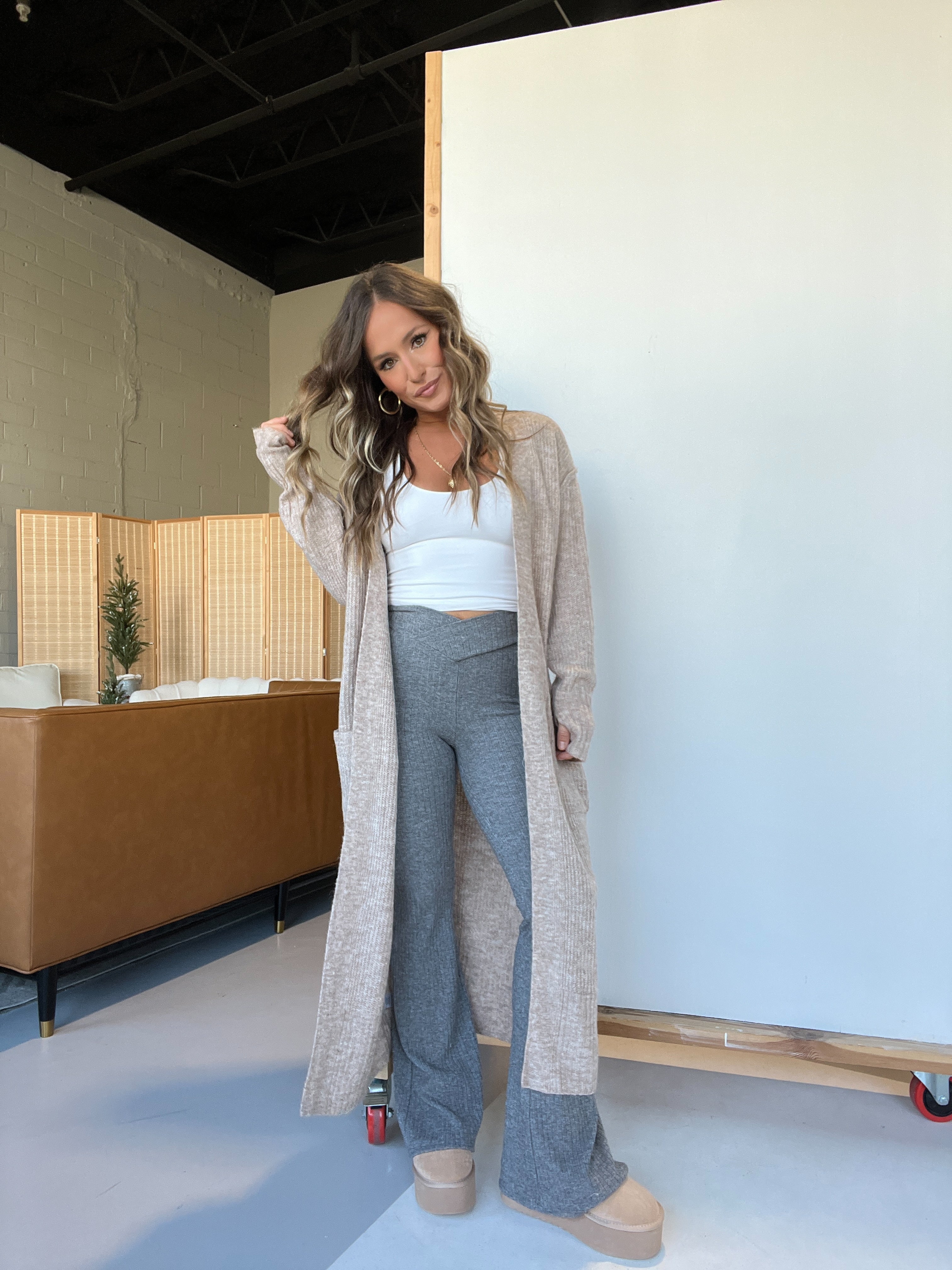Beckett Crossover Sweater Knit Flares Grey