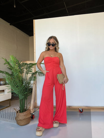 Cherry Fields Strapless Textured Jumpsuit