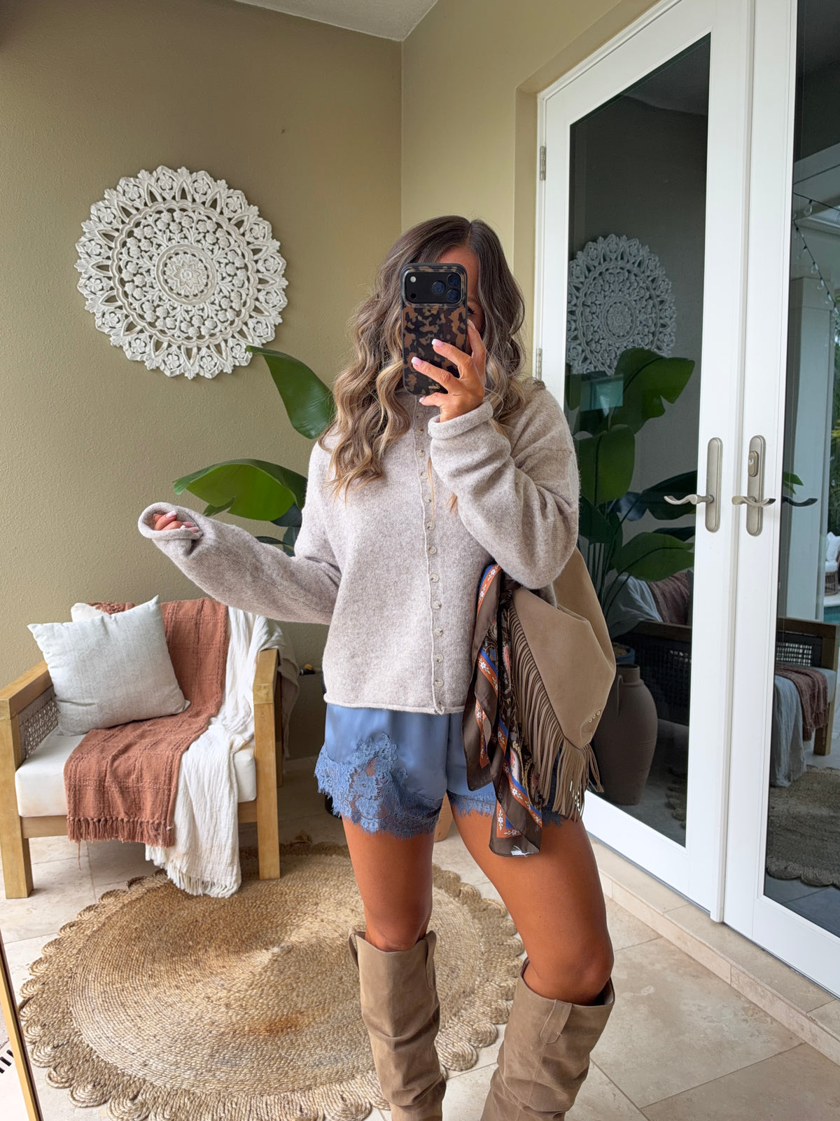 Satin Dreams Lace Shorts Dusty Blue