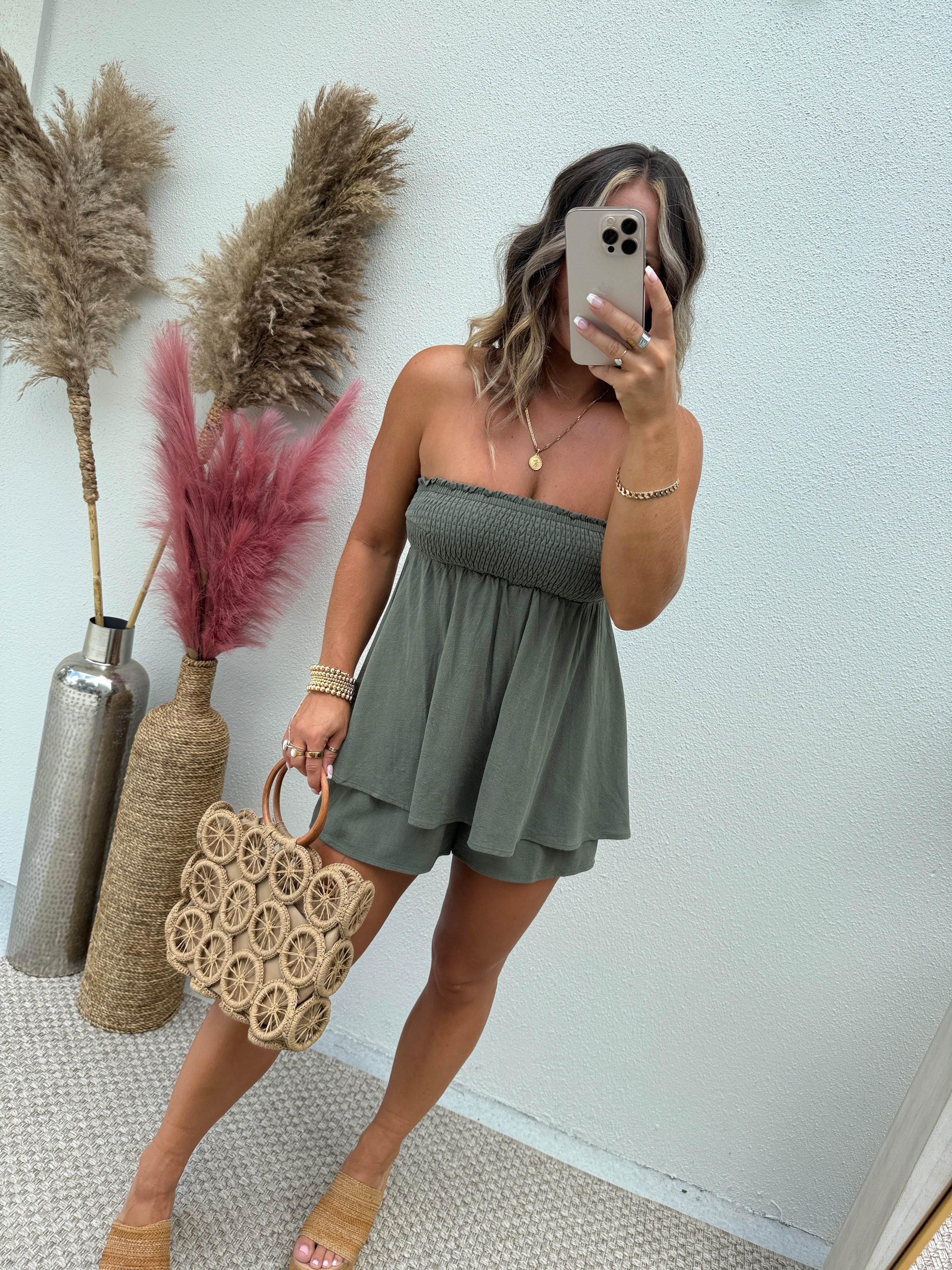 Jungle Desire Tube Top Romper Dress Olive