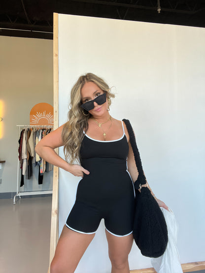 On The Go Piped Romper Black