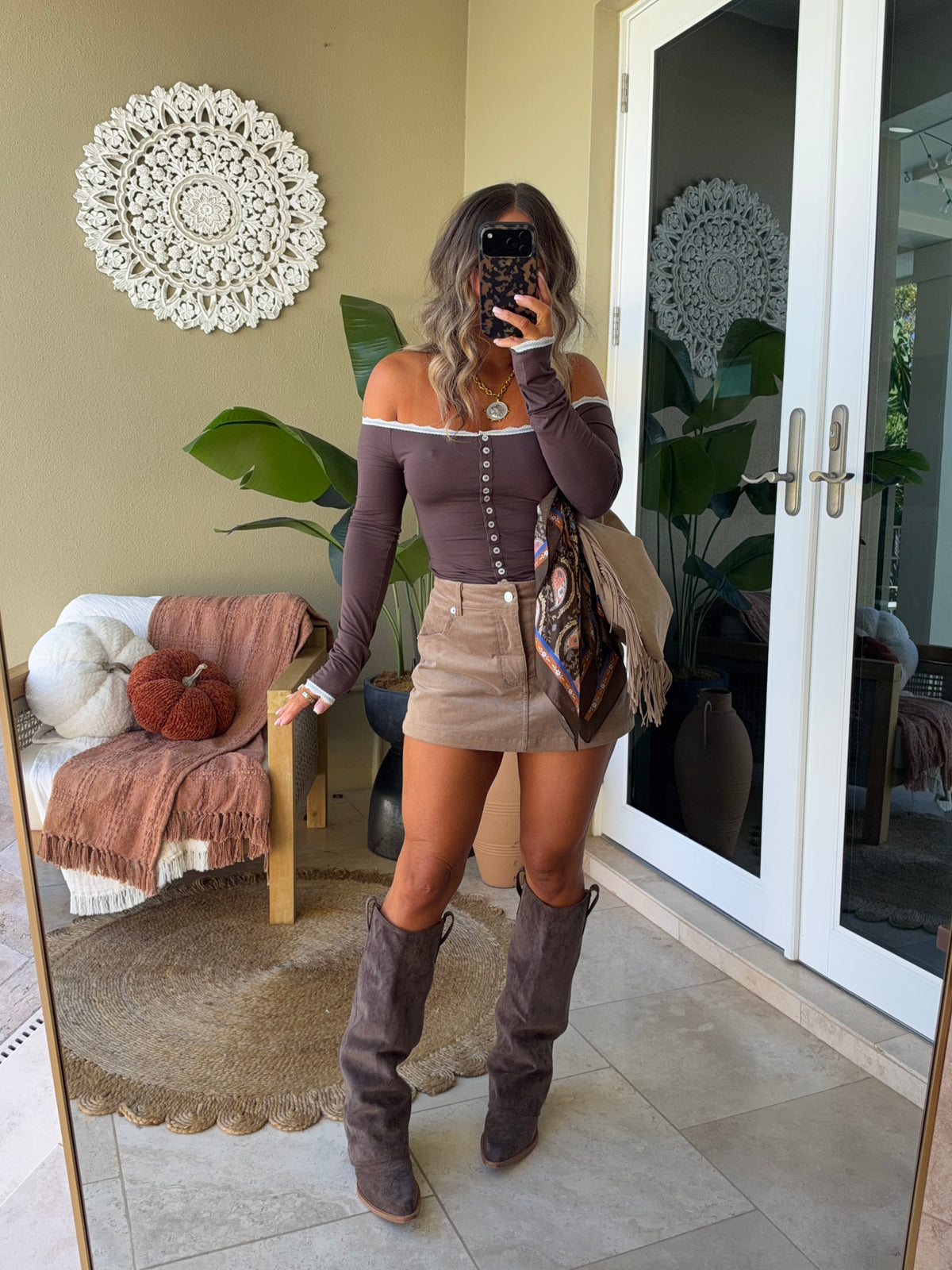 Dahlia Lace Trim Off Shoulder Top Brown
