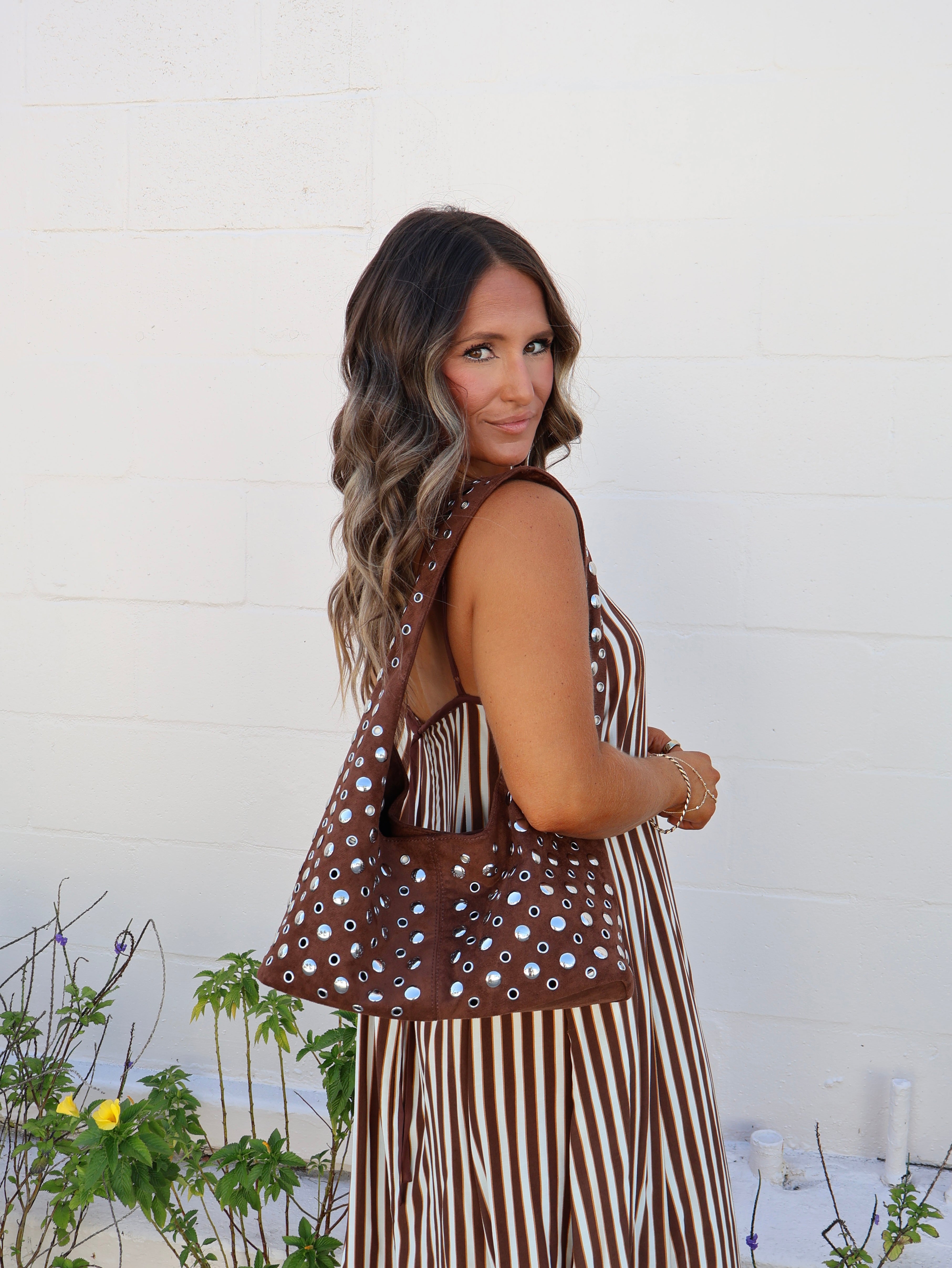 Veronica Studded Shoulder Bag Brown