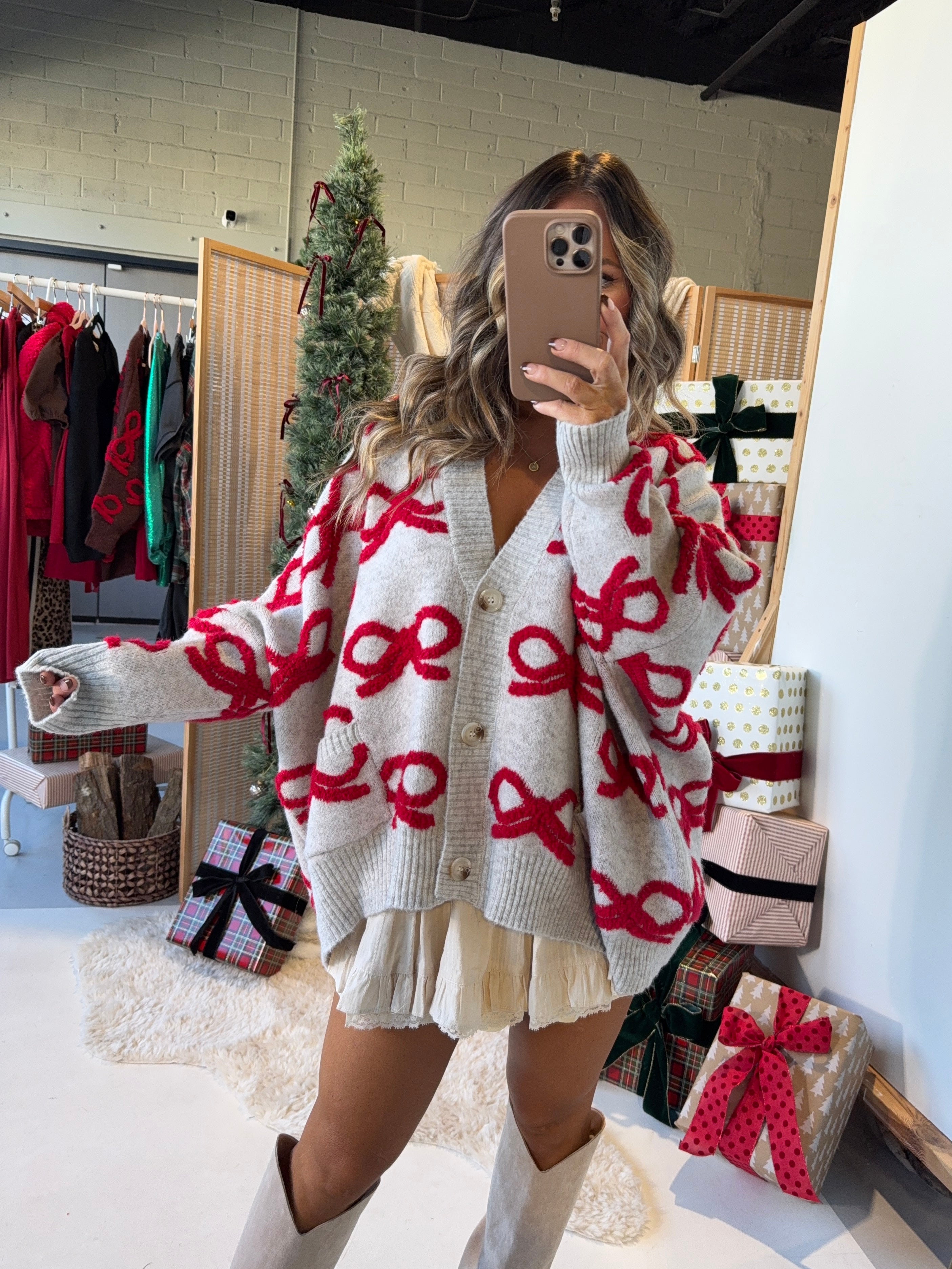 Tied in a Bow Knit Sweater Heather Grey/Red