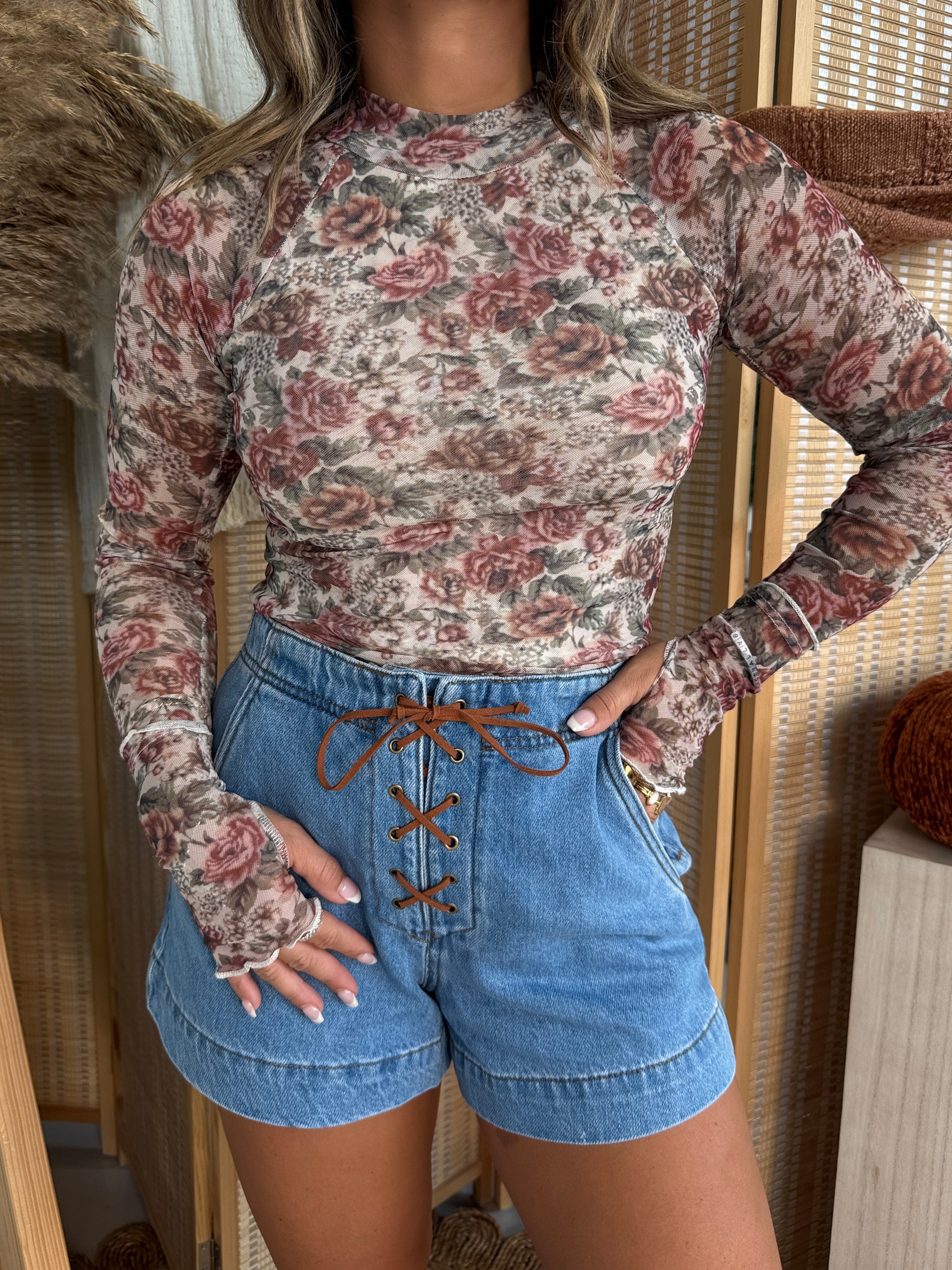 Amber Lane Mesh Mock Neck Cream Multi