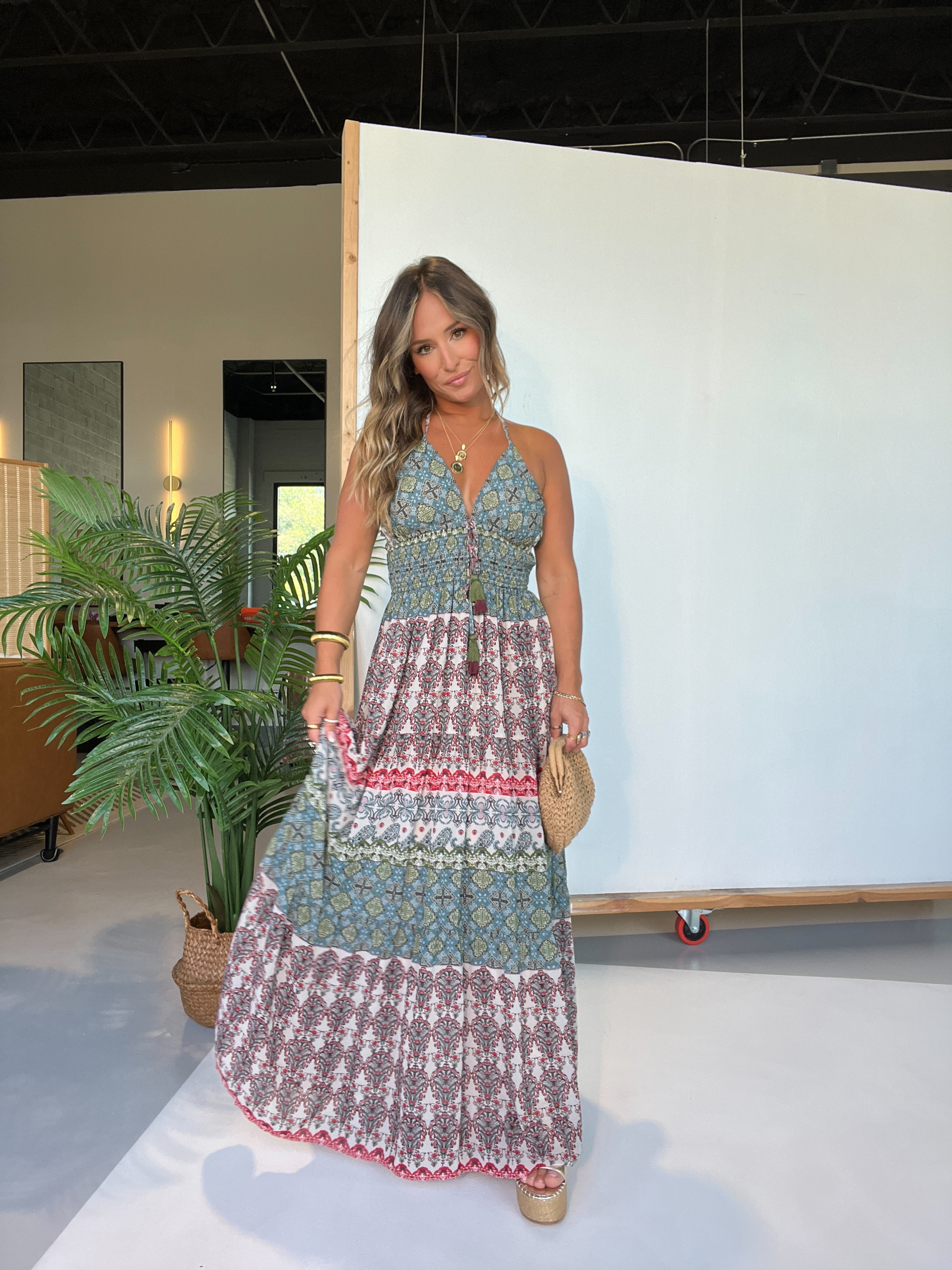Vintage Sights Maxi Dress Teal Multi