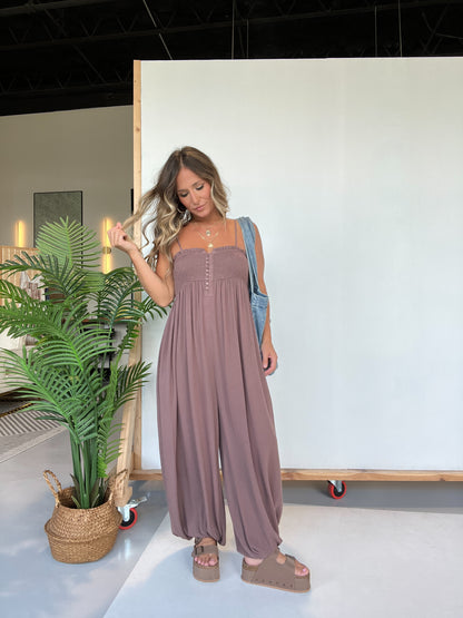 Free Spirit Smocked Jumpsuit Mocha