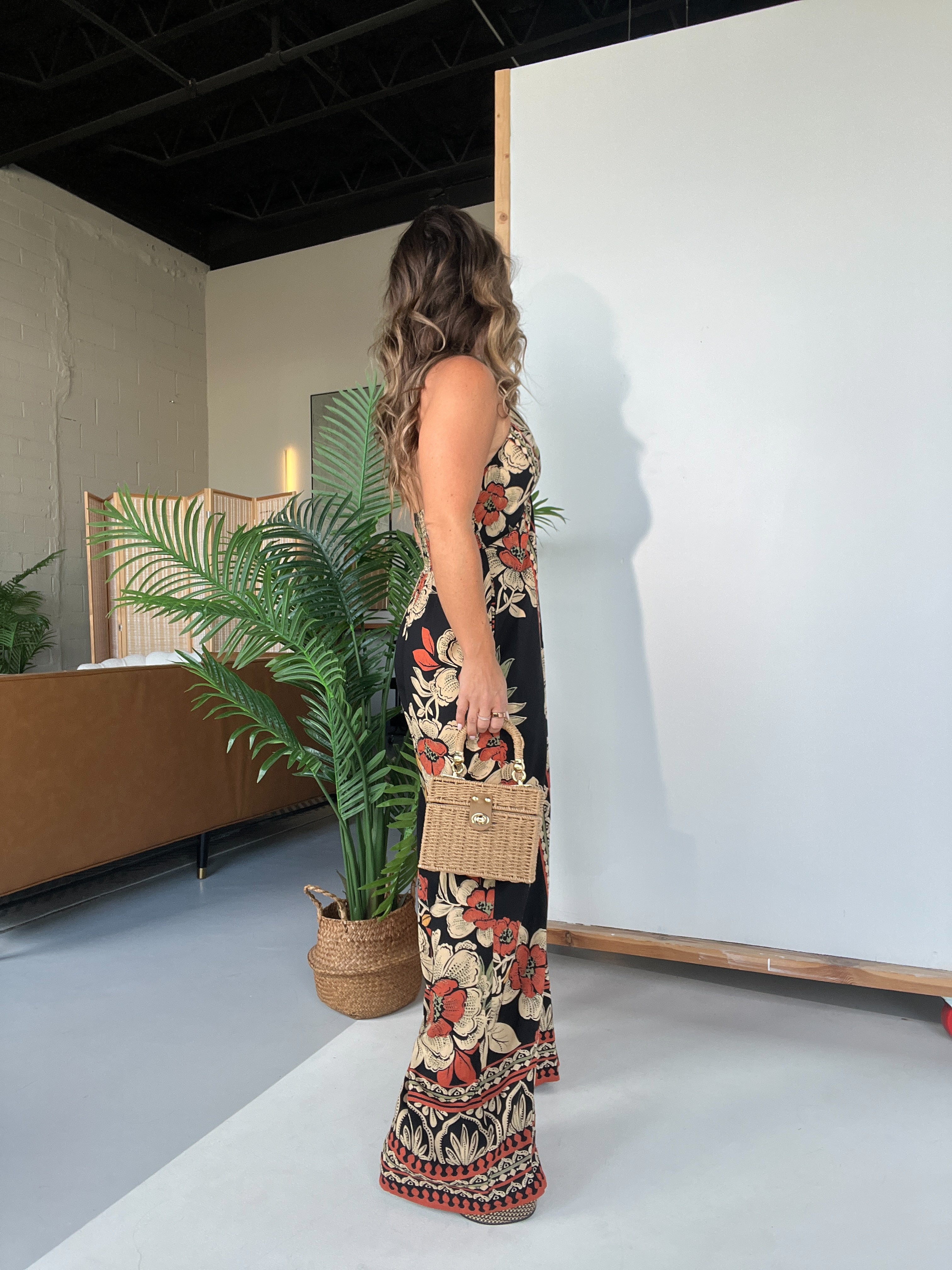 Milos Floral Boho Halter Jumpsuit Black