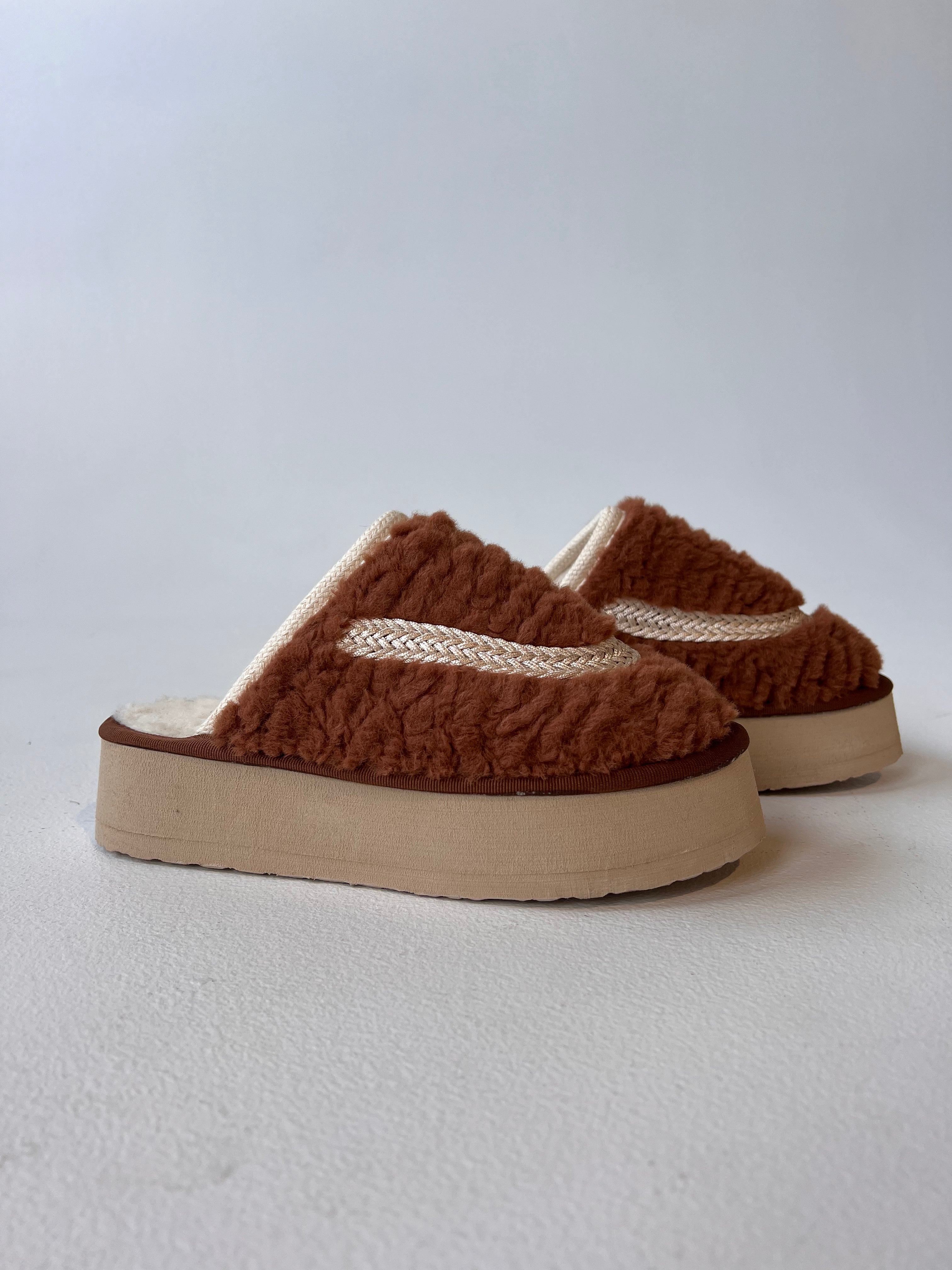 Teddie Platform Winter Slides Camel