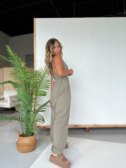 Next In Line Smocked Jumpsuit Olive