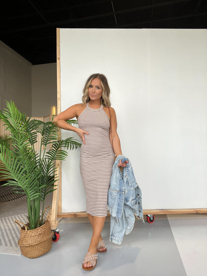 Lovely Lies Striped Halter Midi Dress Taupe
