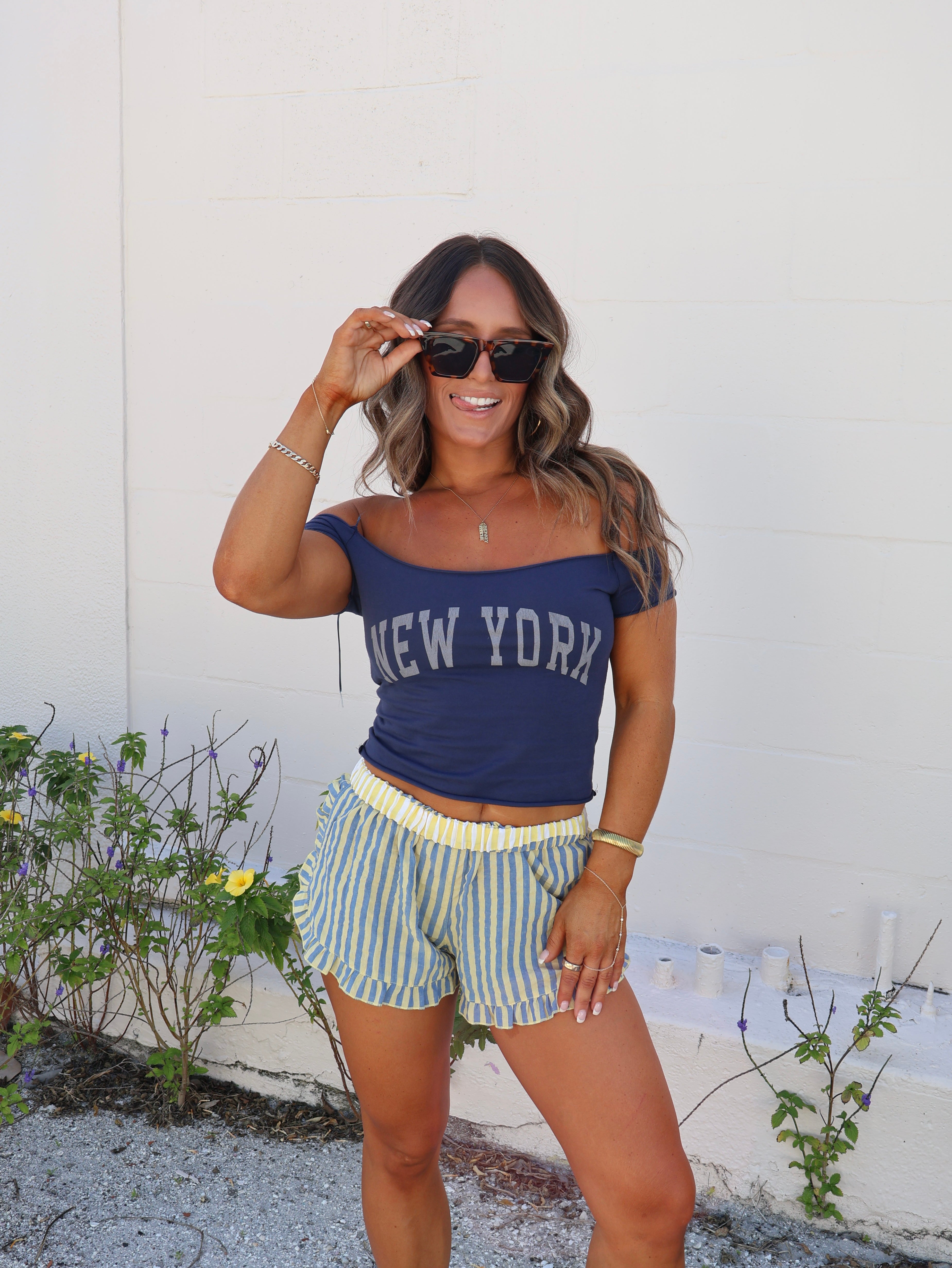 Clearwater Striped Ruffle Shorts Yellow Combo