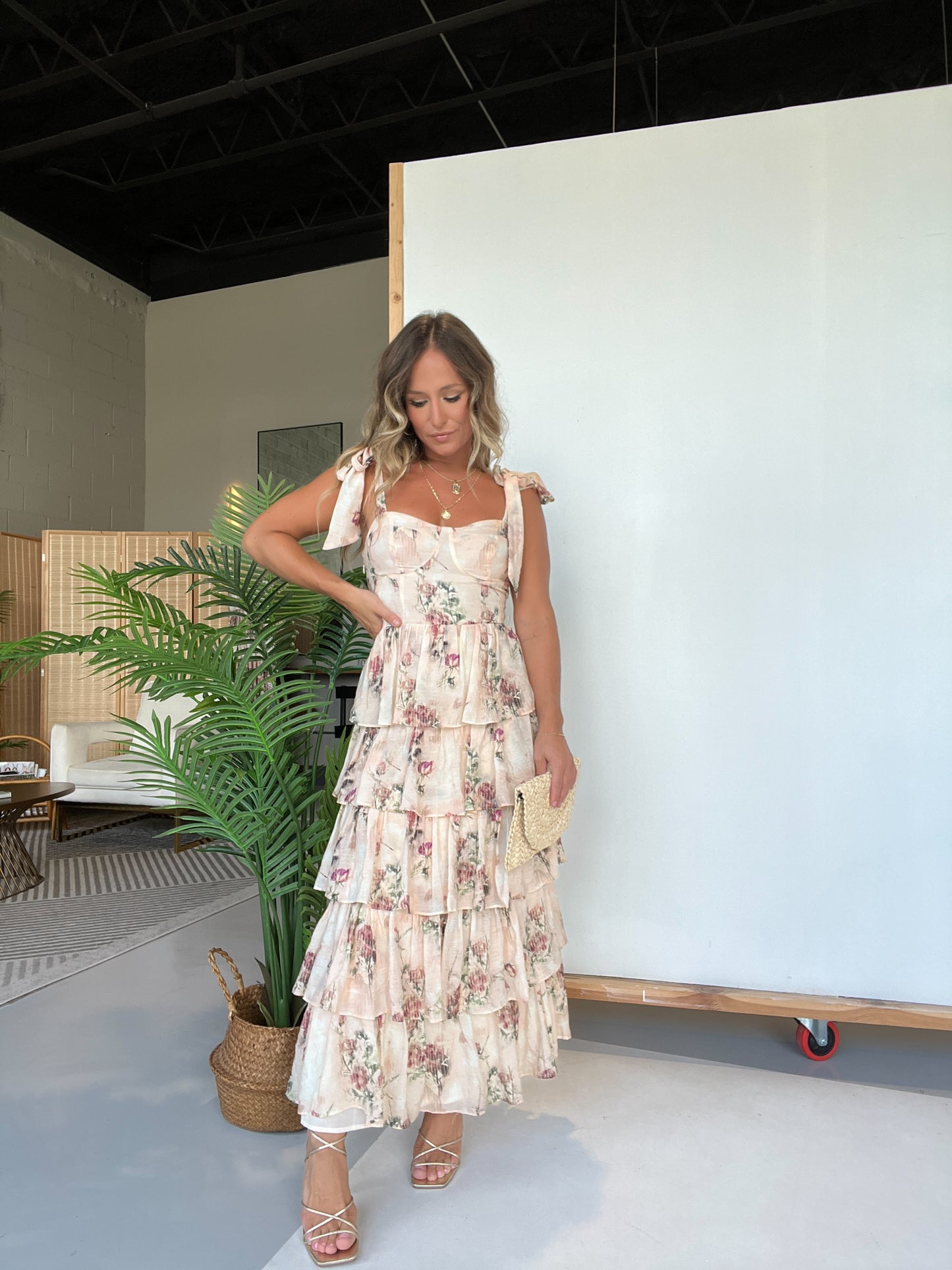 Rosalie Floral Tiered Midi Dress Ivory