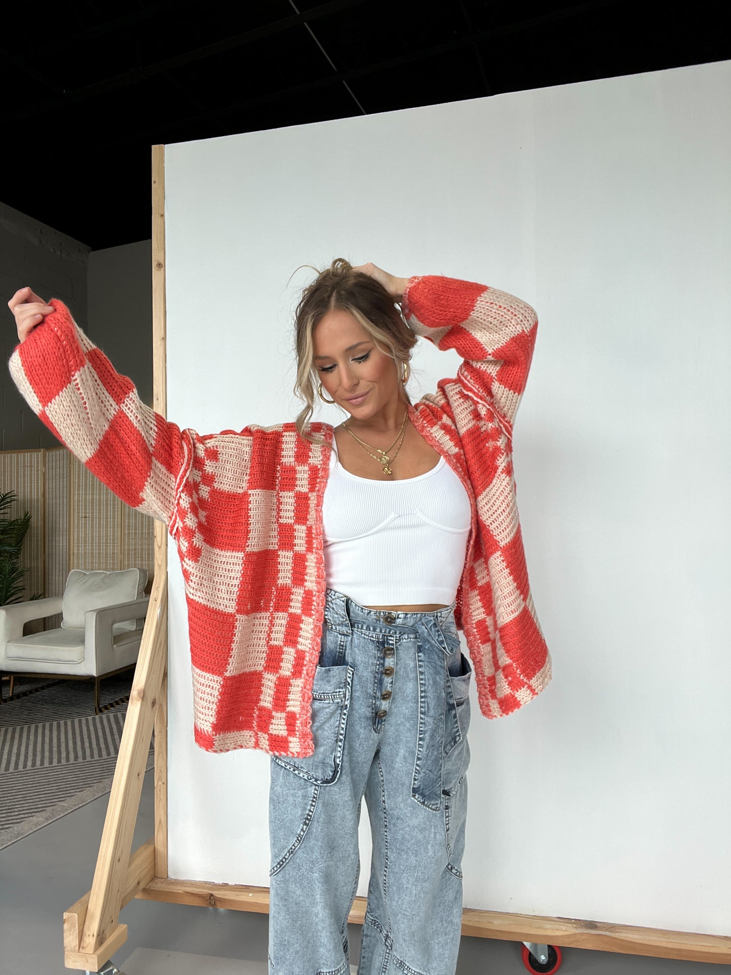 Checkered Annie Oversized Cardigan Orange