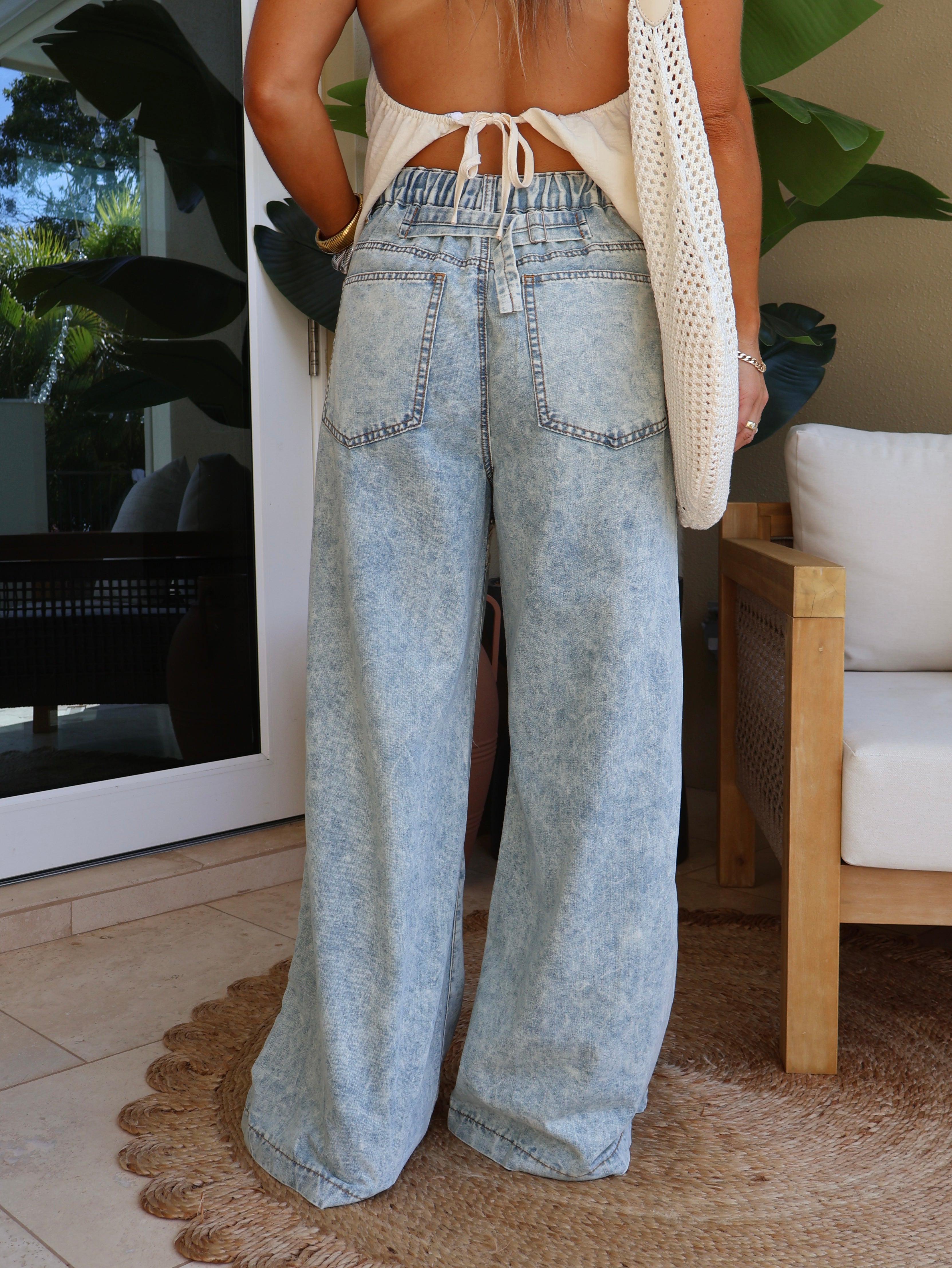 Seashore Patchwork Denim Pants Cream
