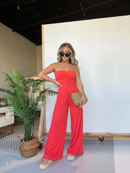 Cherry Fields Strapless Textured Jumpsuit