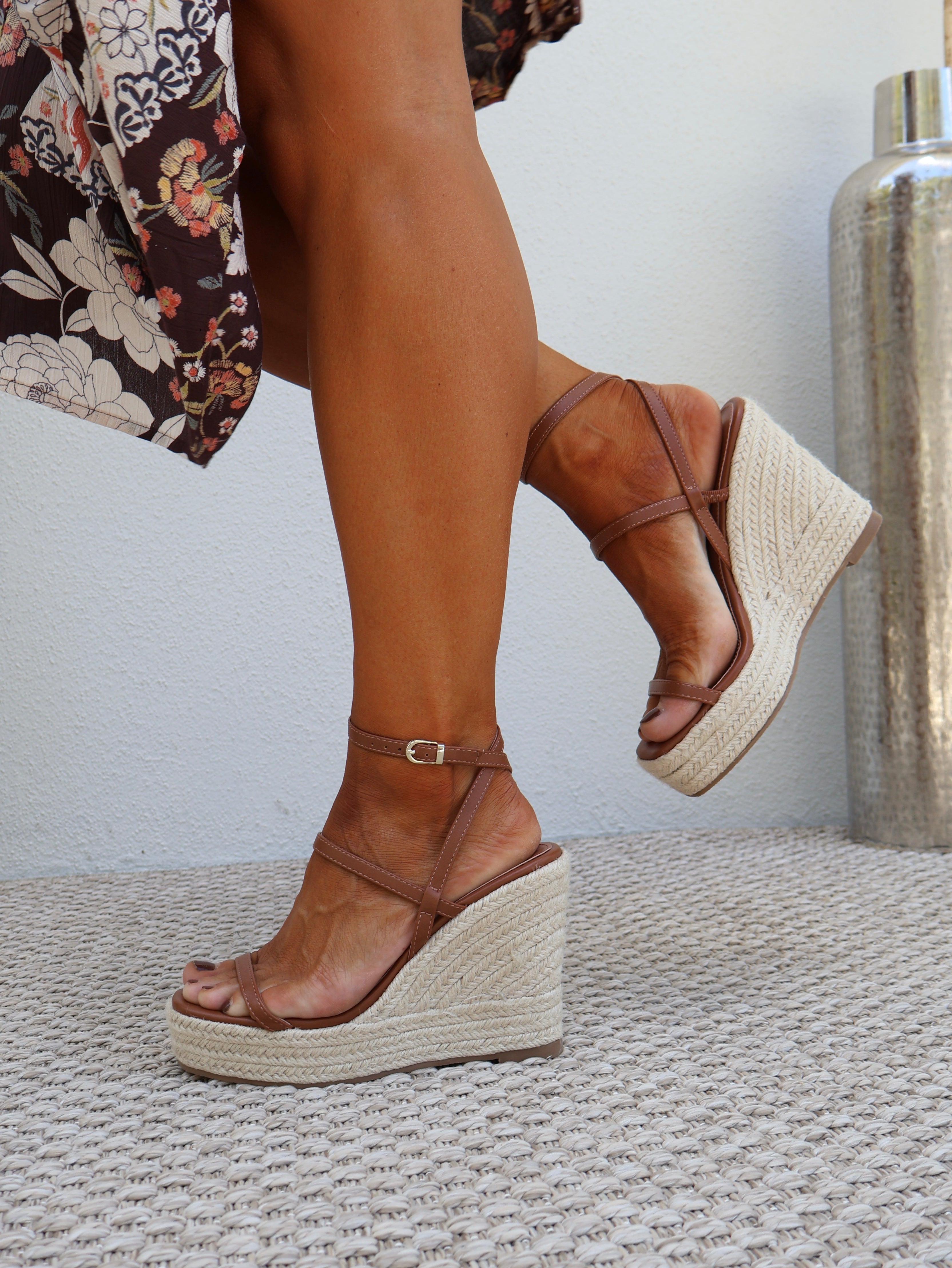 Leah Espadrille Strappy Wedges Tan
