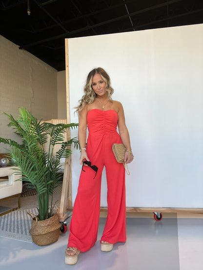 Cherry Fields Strapless Textured Jumpsuit