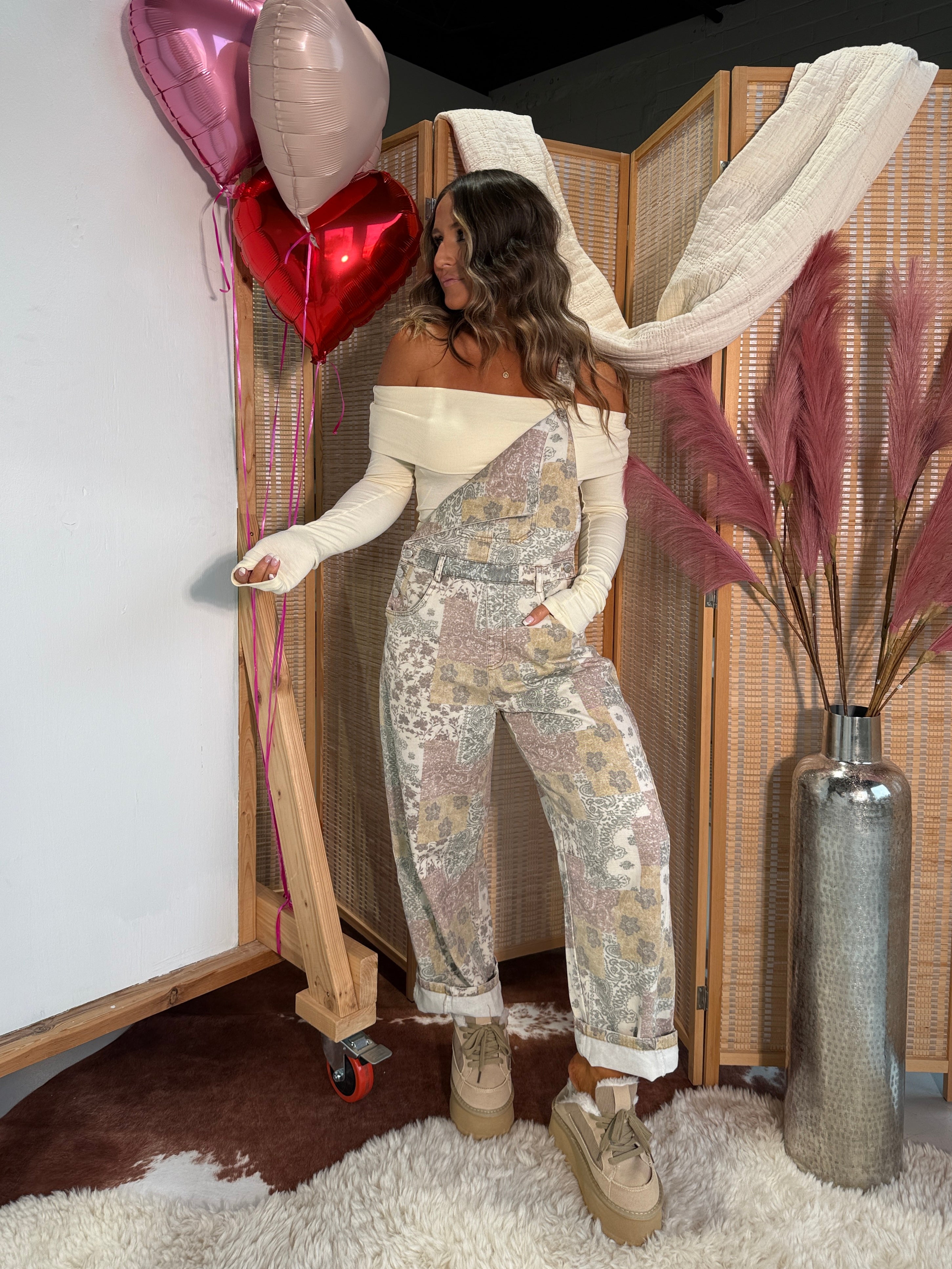 Love Spell Barrel Overalls Multi Taupe