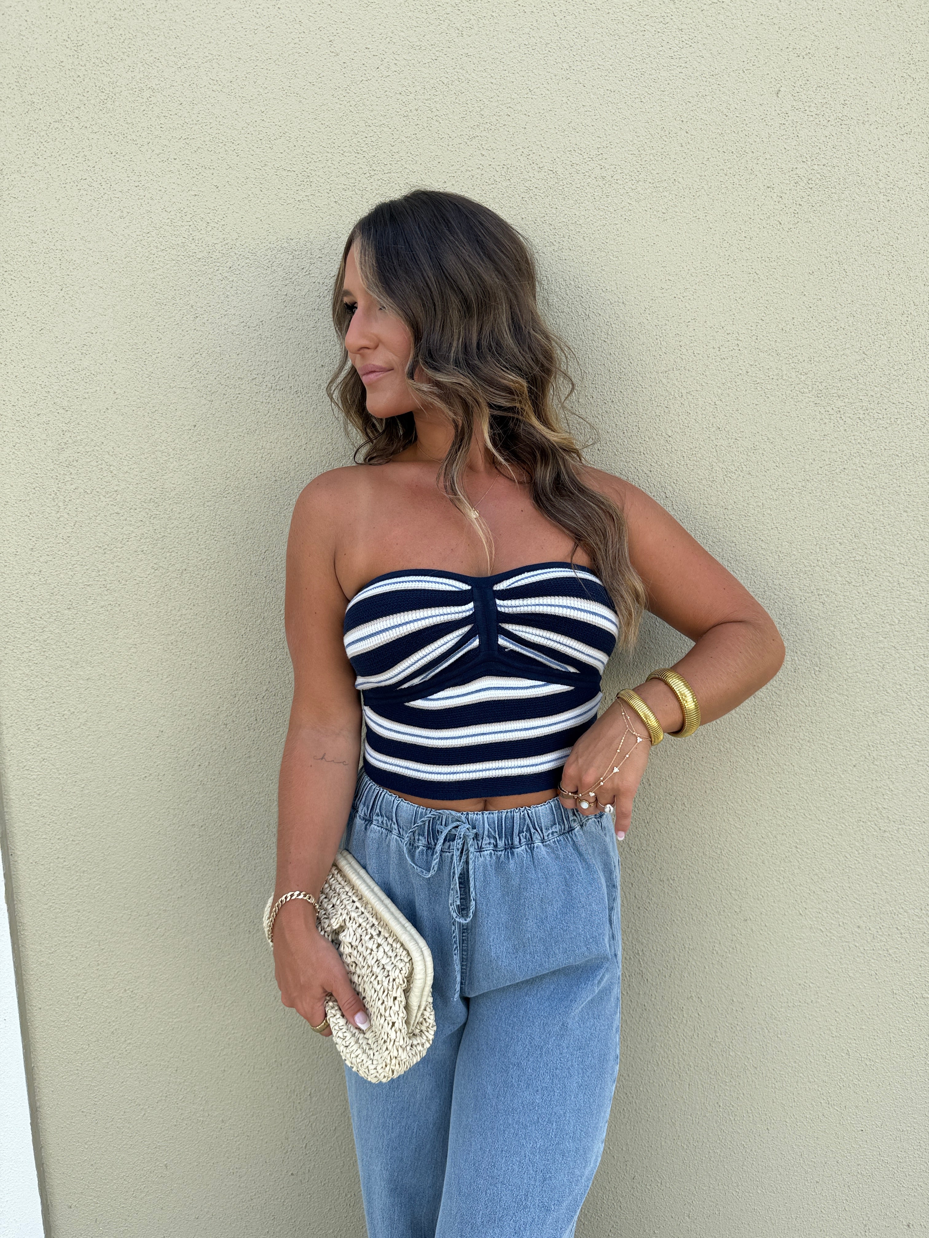 July Heat Strapless Knit Top Navy