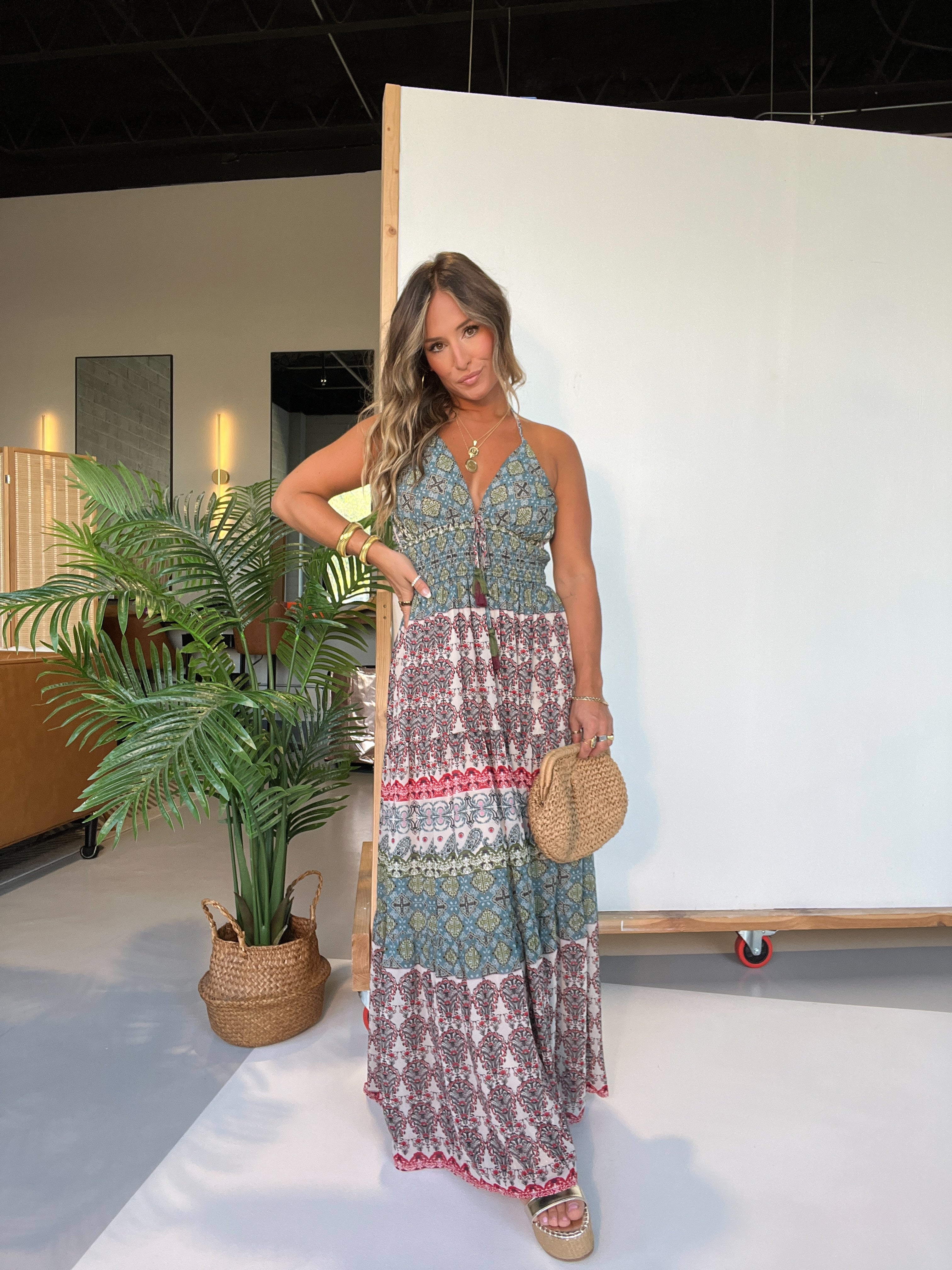 Vintage Sights Maxi Dress Teal Multi