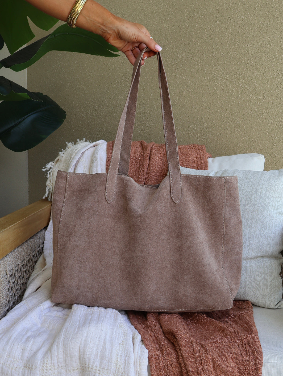 Amber Foliage Studded Tote Taupe