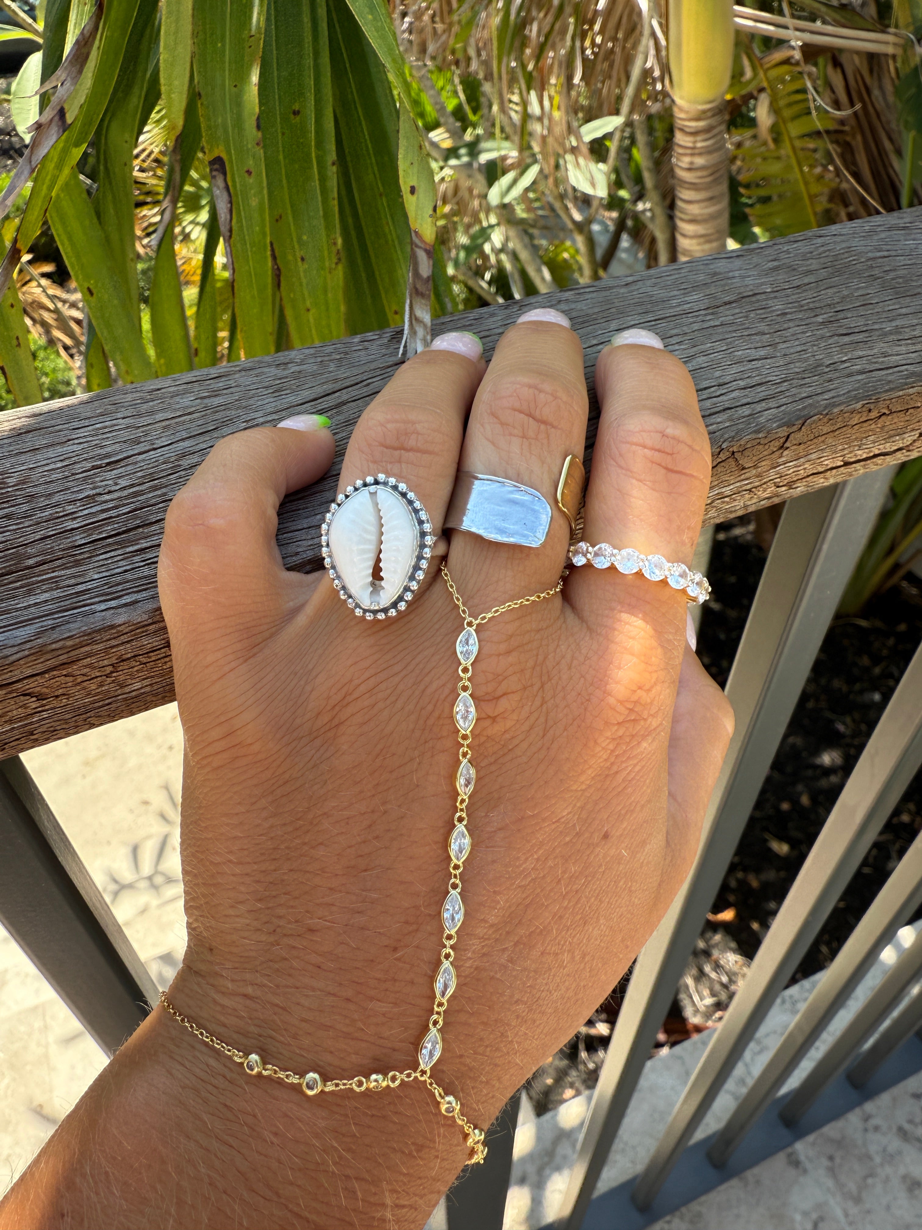 Beaded Cowrie Shell Ring Silver